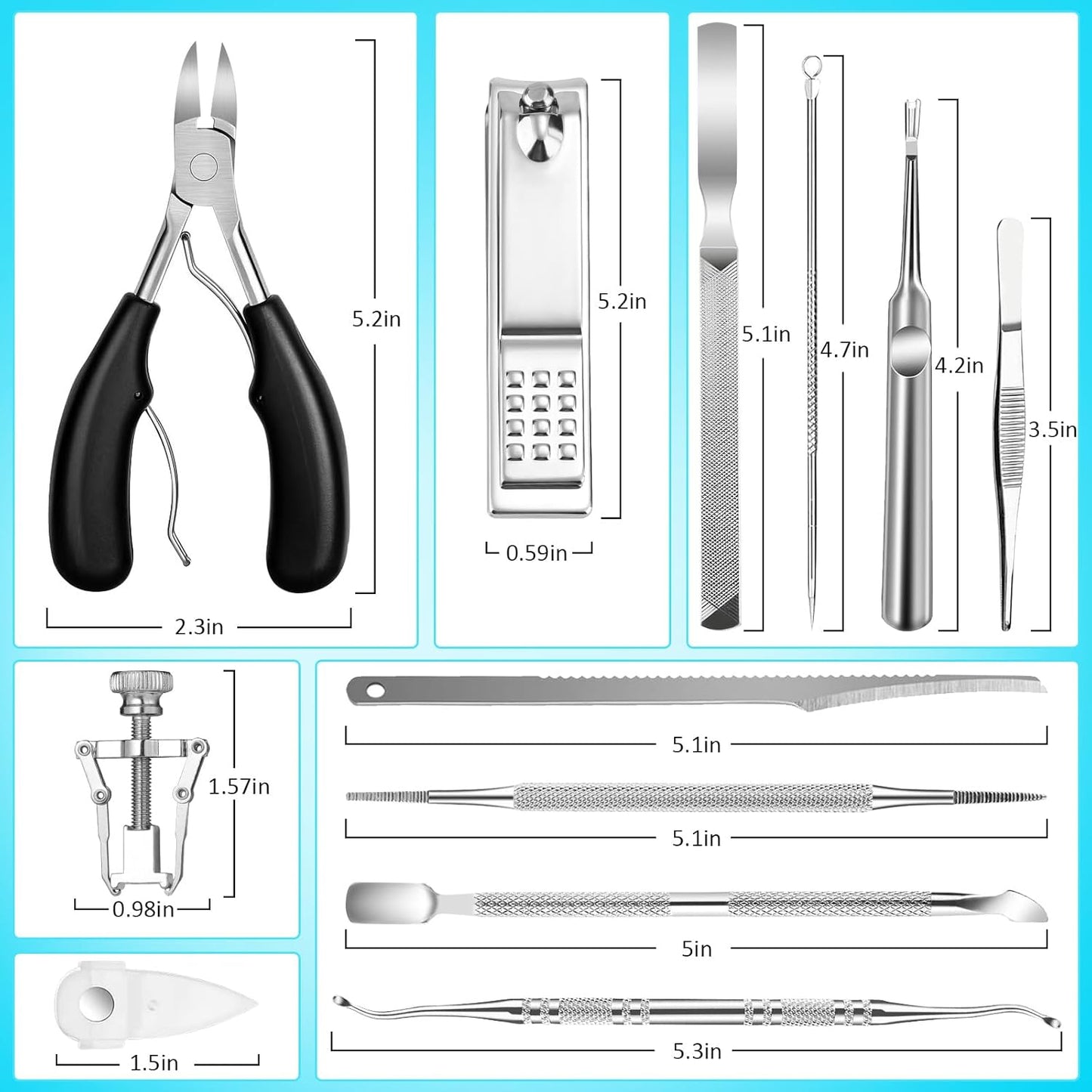 Modacraft 11-Piece Toenail Care Kit - Effective Ingrown Toenail Treatment with Toenail Clippers for Thick Toenails, Corrector & Other Pedicure Tools for Feet and Hand