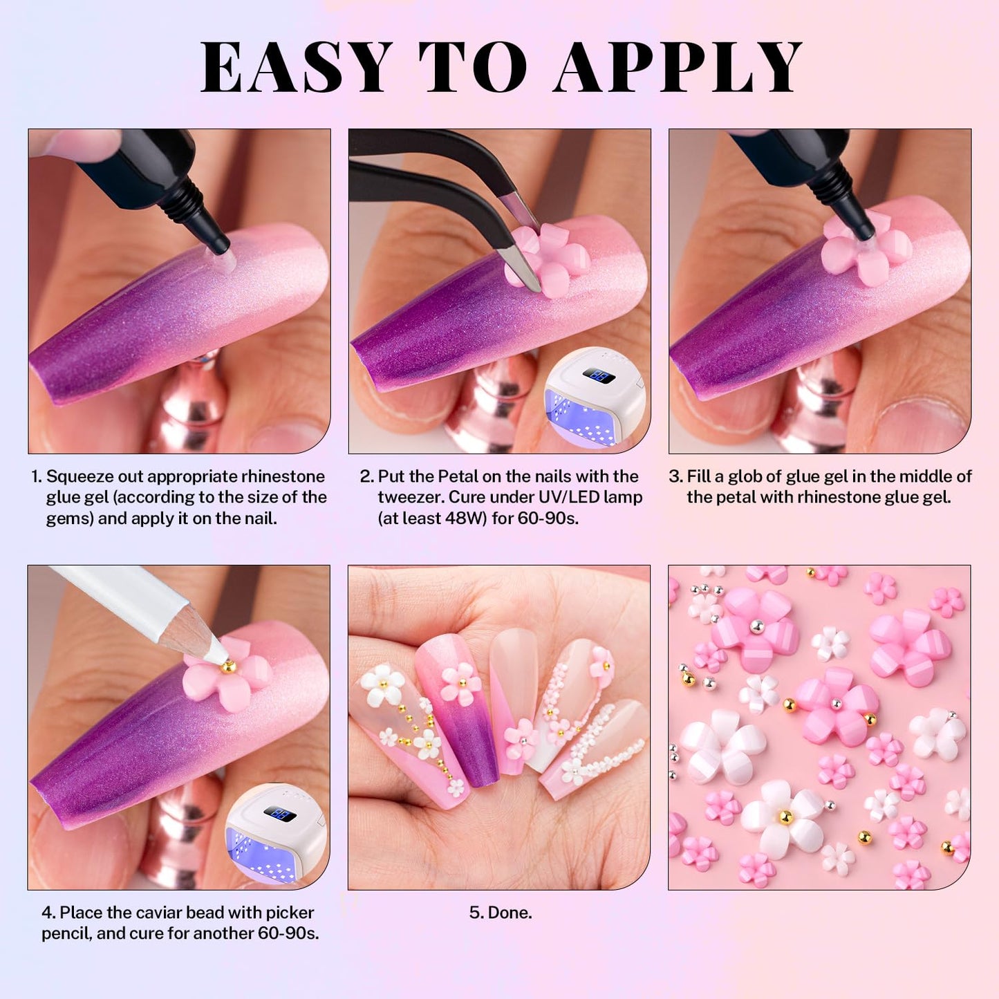 3D Nail Flowers Charms,White Pink Acrylic Flower with Caviar Beads,Rhinestones for Nails 3D Nail Charms for Acrylic Nails for Manicure Salon DIY Nail Art Decor with Pickup & Dotting Tools