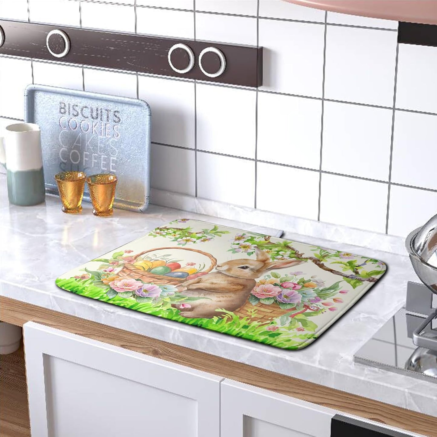 Easter Egg Bunny Dish Drying Mat for Kitchen Counter Floral Flower Basket Drying Mats Absorbent Dish Pad Spring Summer Holiday Medium Dish Draining Mat 18x24 inch