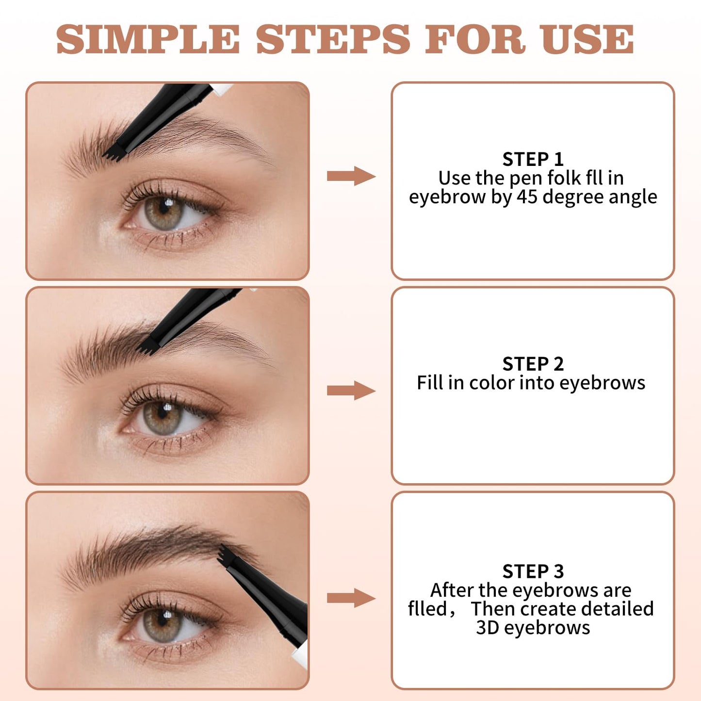 Eyebrow Pen, Waterproof Microblading Eyebrow Pencil, 4 Tip Precise Eye Brow Makeup Pen for Women to Effortlessly Create Hair Like Natural Brows, Non Dry Out and Last All Day (Grey Color)