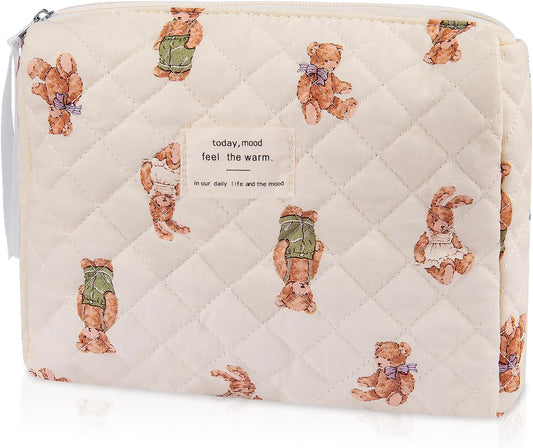 Floral Makeup Bag, Small Cosmetic Bag for Women Girls, Cute Cotton Makeup Bag, Quilted Makeup Bags, Flower Travel Toiletry Organizer Bag (White Bear)