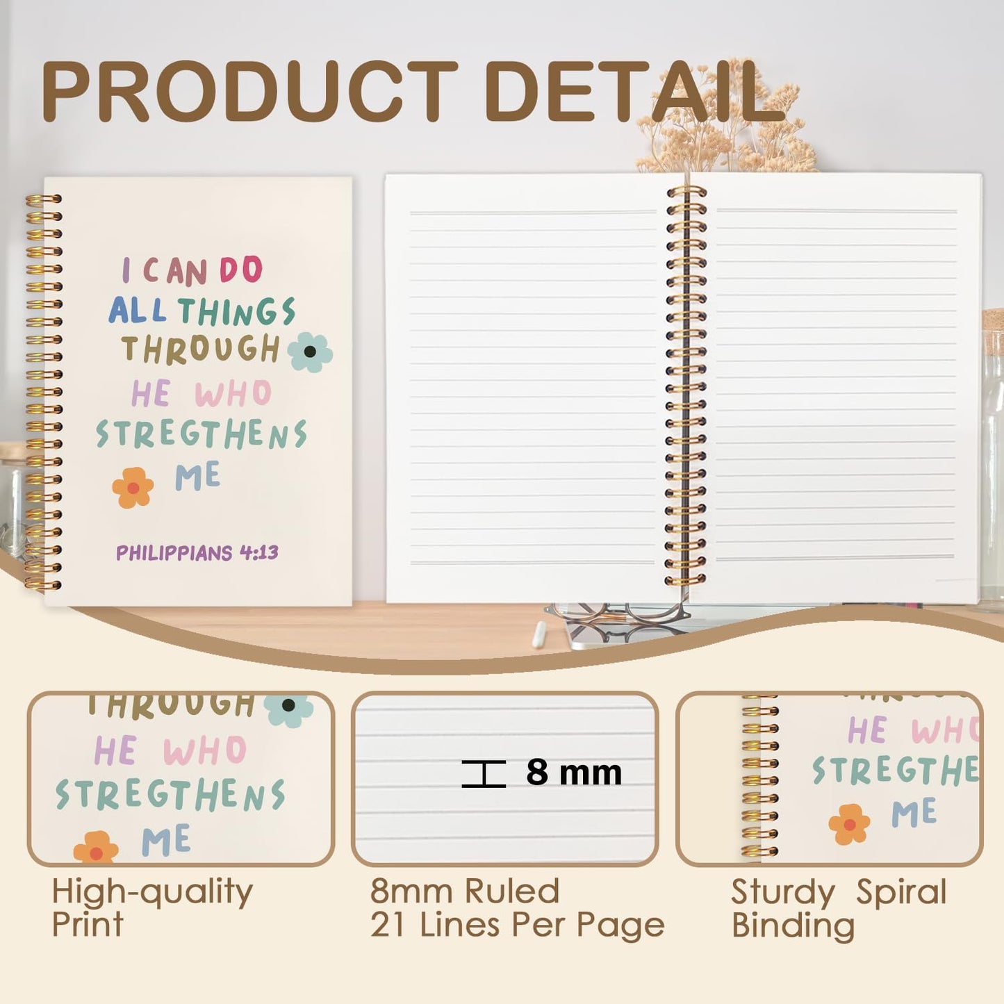 Christian Spiral Journal Notebook 5.5x8.3in, I Can Do All Things Through He Who Strengthens Me，Philippians 4:13 Bible Journal, Cute Floral Bible Notebooks for Note Taking, Hardcover Notebook