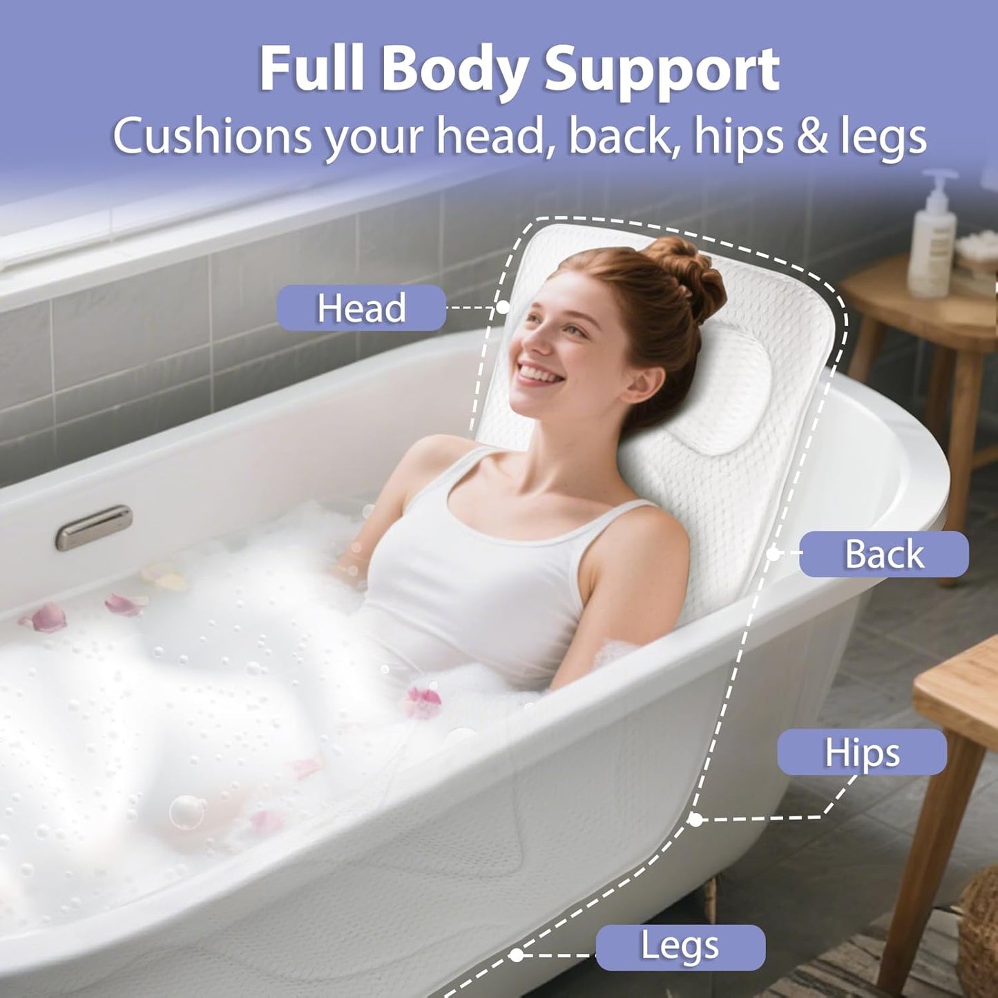 Full Body Bath Pillow for Tub, Luxury Bathtub Pillow for Full Back, Head and Neck Support, Quick Dry Bath Cushion, 168 Suction Cups, Bathtub Accessories for Gift
