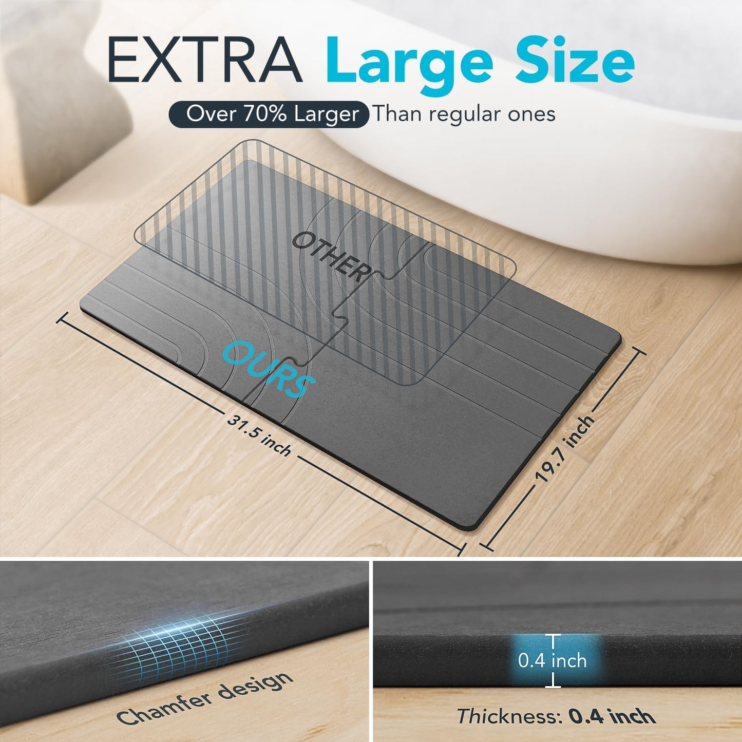 32 * 20 Large Stone Drying Bath Mat for Bathroom Diatomaceous Earth Bath Mat Quick Dry Non Slip Absorbent Bathroom Floor Mat Modernized Water Absorbing Diatomite Shower Bath Mat Grey