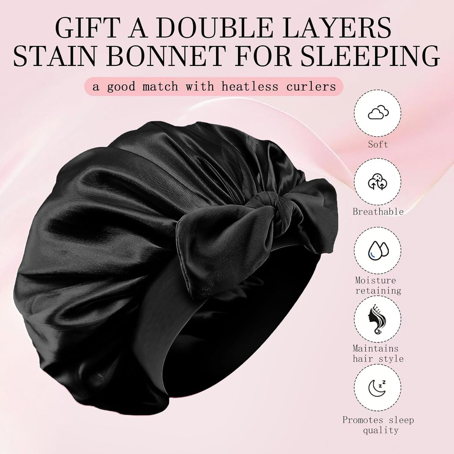 Heatless Hair Curler and Double Layer Satin Bonnet Set for Overnight Curls - No Heat Curling Rod with silk Bonnet, Sleep-In Safe for Long/Medium Hair, Frizz-Free Waves & Volume(Black)