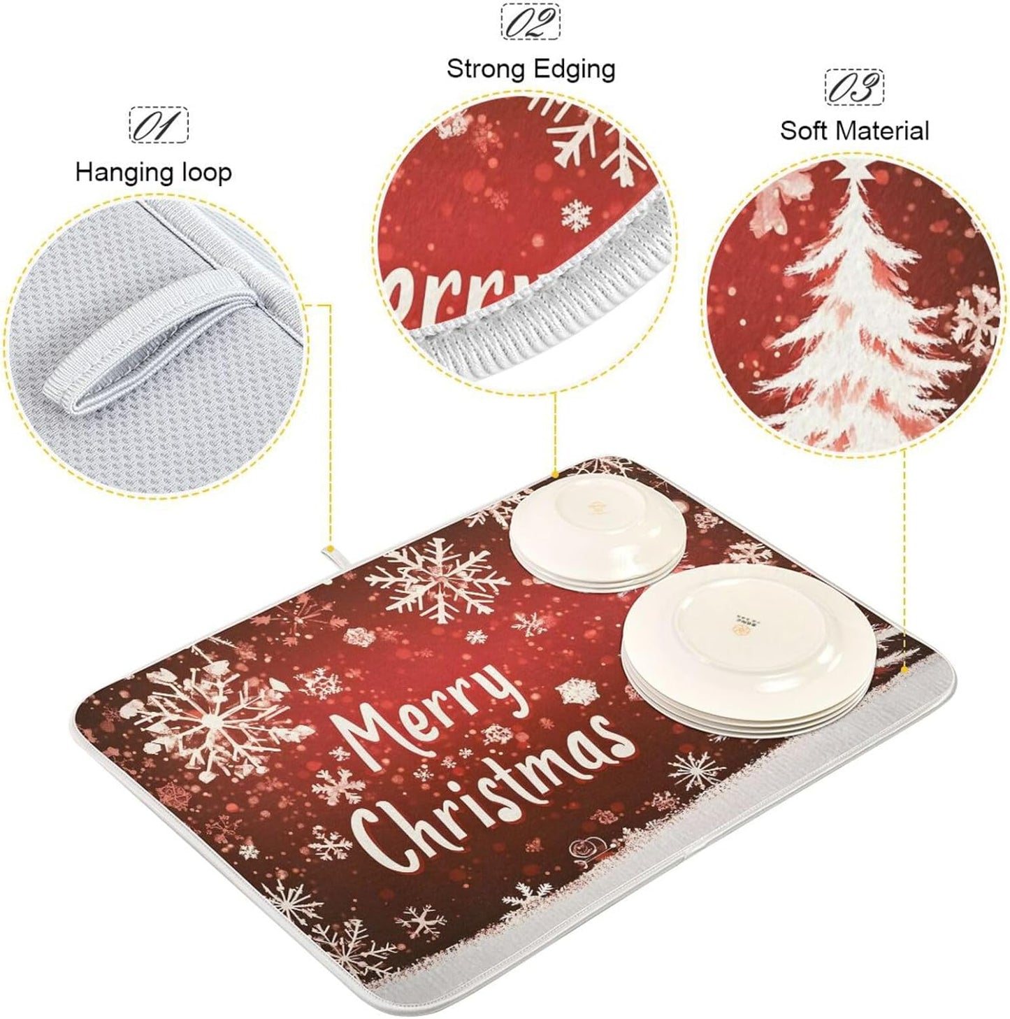 Christmas Dish Drying Mat Red Brown Snowflakes White Tree Wood Christmas Dish Drainer Mat for Kitchen Counter 18x24 inch Drying Mat Absorbent Microfiber Dish Mat