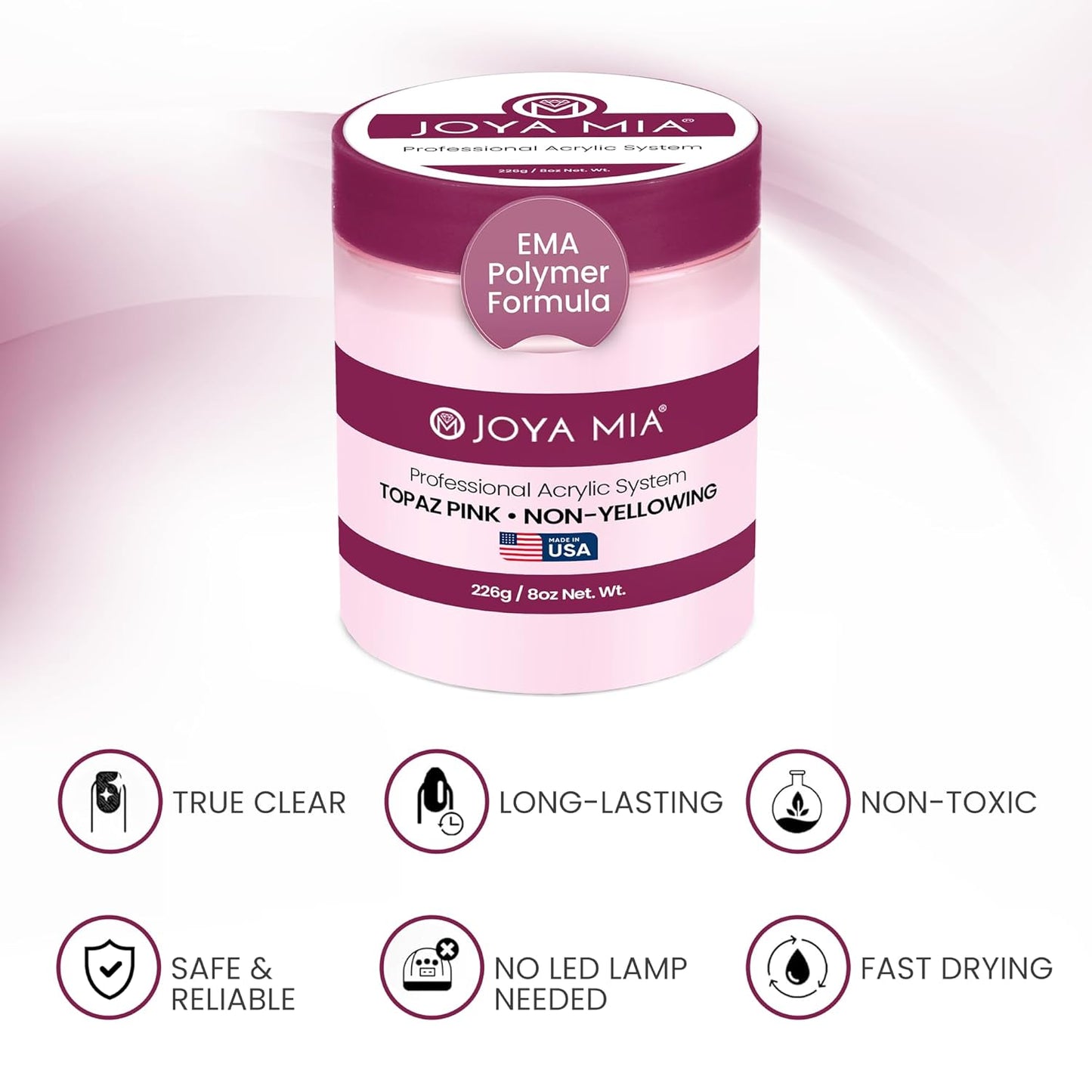 Joya Mia Acrylic Powder for Nails, MMA-Free, Super Adhesion Professional Powder for Flawless & Long-Lasting Nail Enhancements, Easy Application, Vibrant & Stunning Colors - Topaz Pink, 8 oz