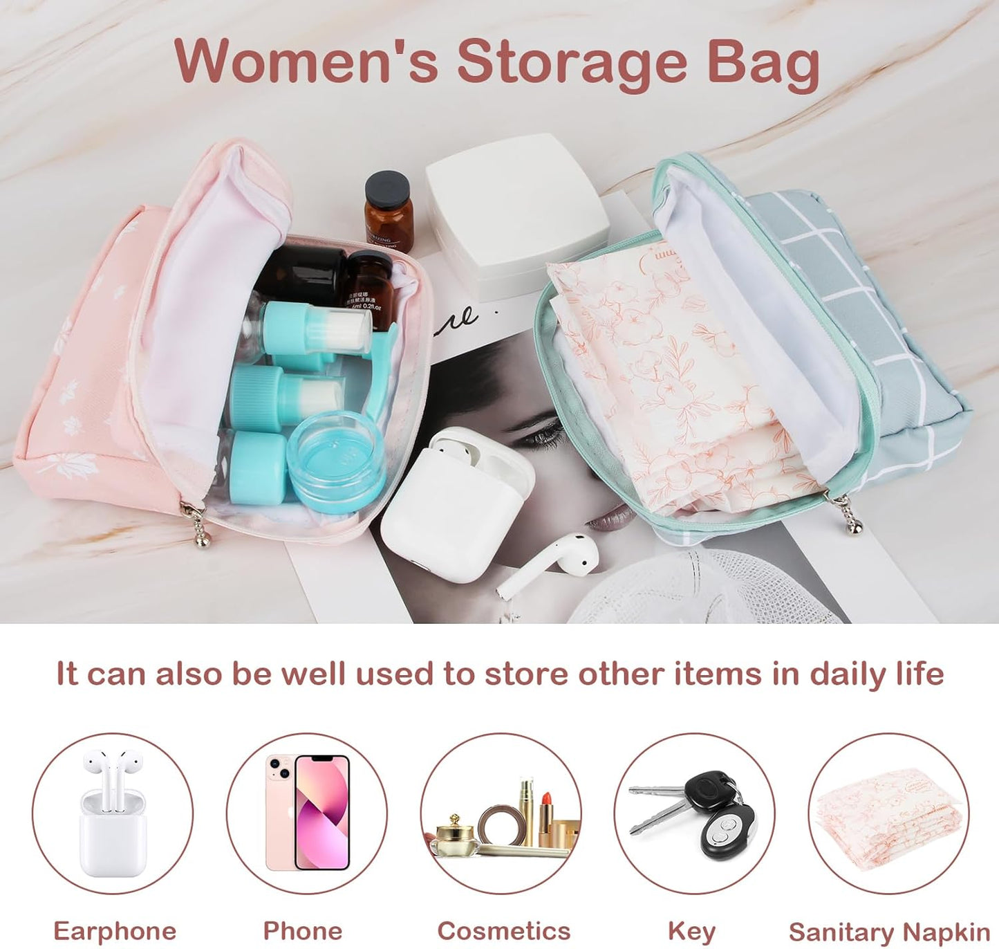 Desing Wish Period Bag, Sanitary Napkin Storage Bag for Feminine Pads Panty Liners Tampons and Reusable Pads, Sanitary Pads Pouches First Period Kit for Teen Girls Women Ladies 2 Pack (Leafs/Grids)