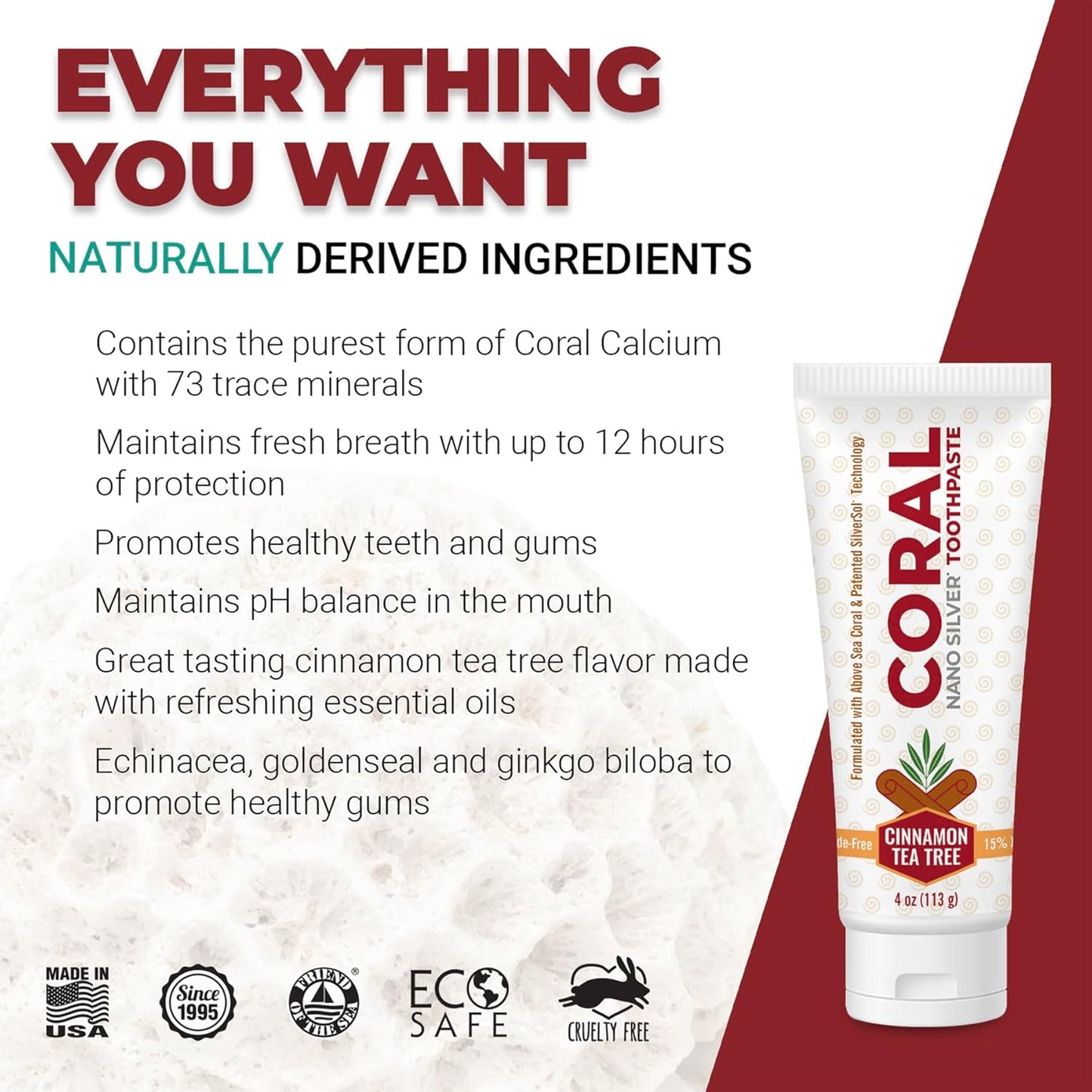 Coral Nano Silver Cinnamon Tea Tree Toothpaste, Natural Fluoride Free Teeth Whitening Toothpaste, Coral Calcium Nano Silver Infused SLS Free 4 Ounce