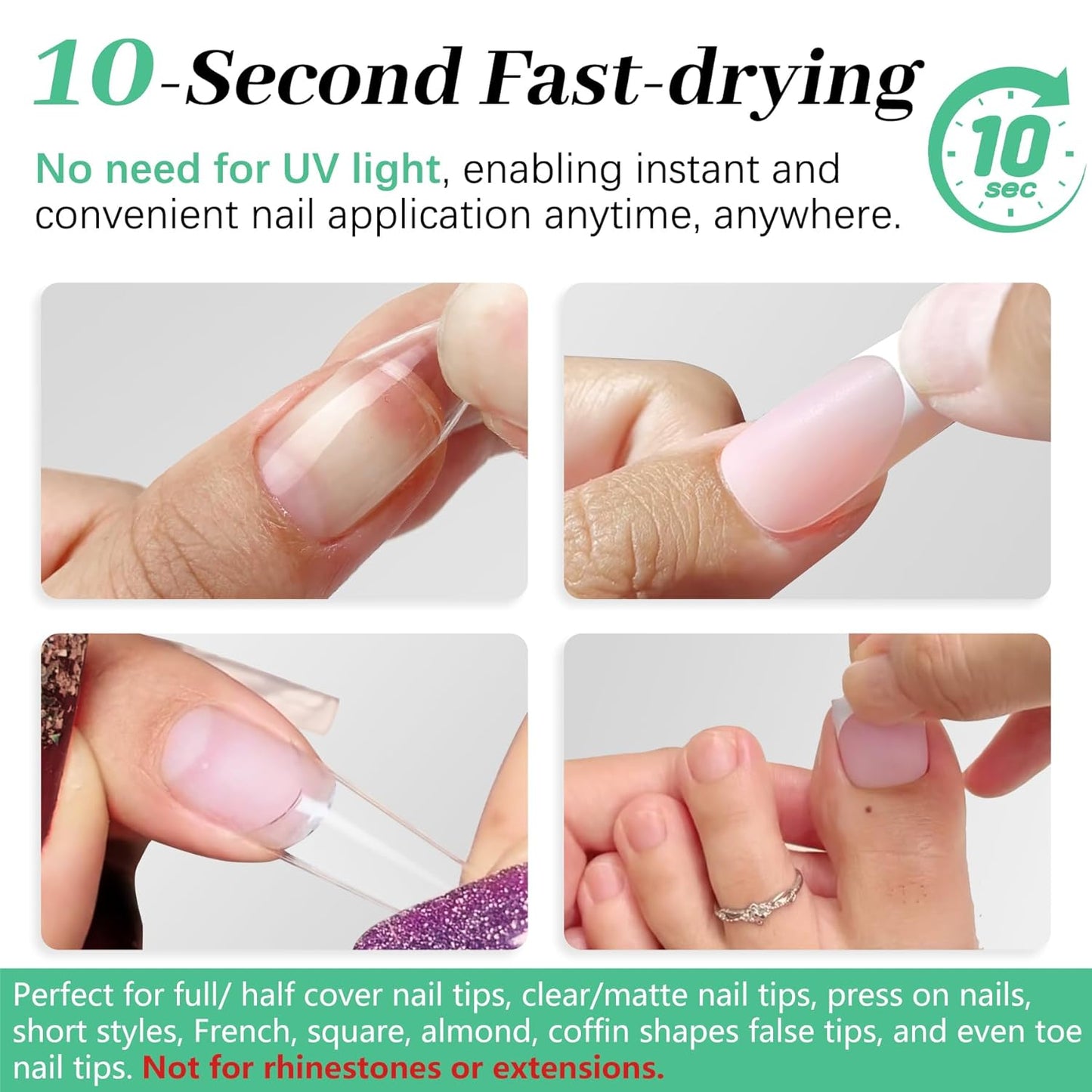 Nail Glue for Press Ons, 10s Fast-Drying No U V Light Needed - Upgrade Super Strong Semi Solid Nail Glue Last Up to 28+ Days & Easy to Remove, 10g*2 High Capacity Suitable for Fake & Acrylic Nail Tips