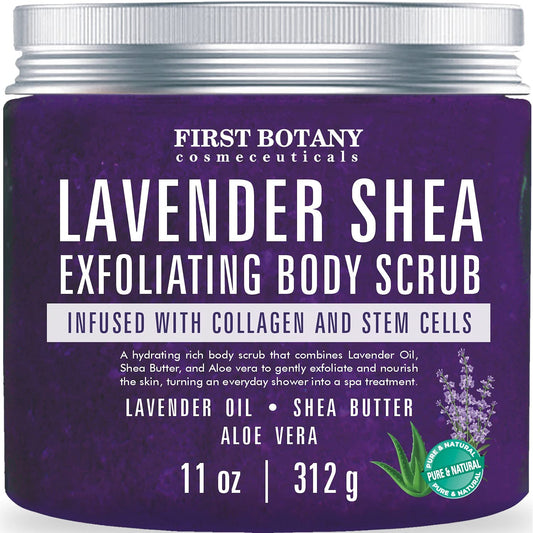 First Botany Body Scrub - Natural Exfoliating Salt Scrub & Body and Face Souffle helps with Moisturizing Skin, Acne, Cellulite, Dead Skin Scars, Wrinkles (10 fl oz, Lavender)