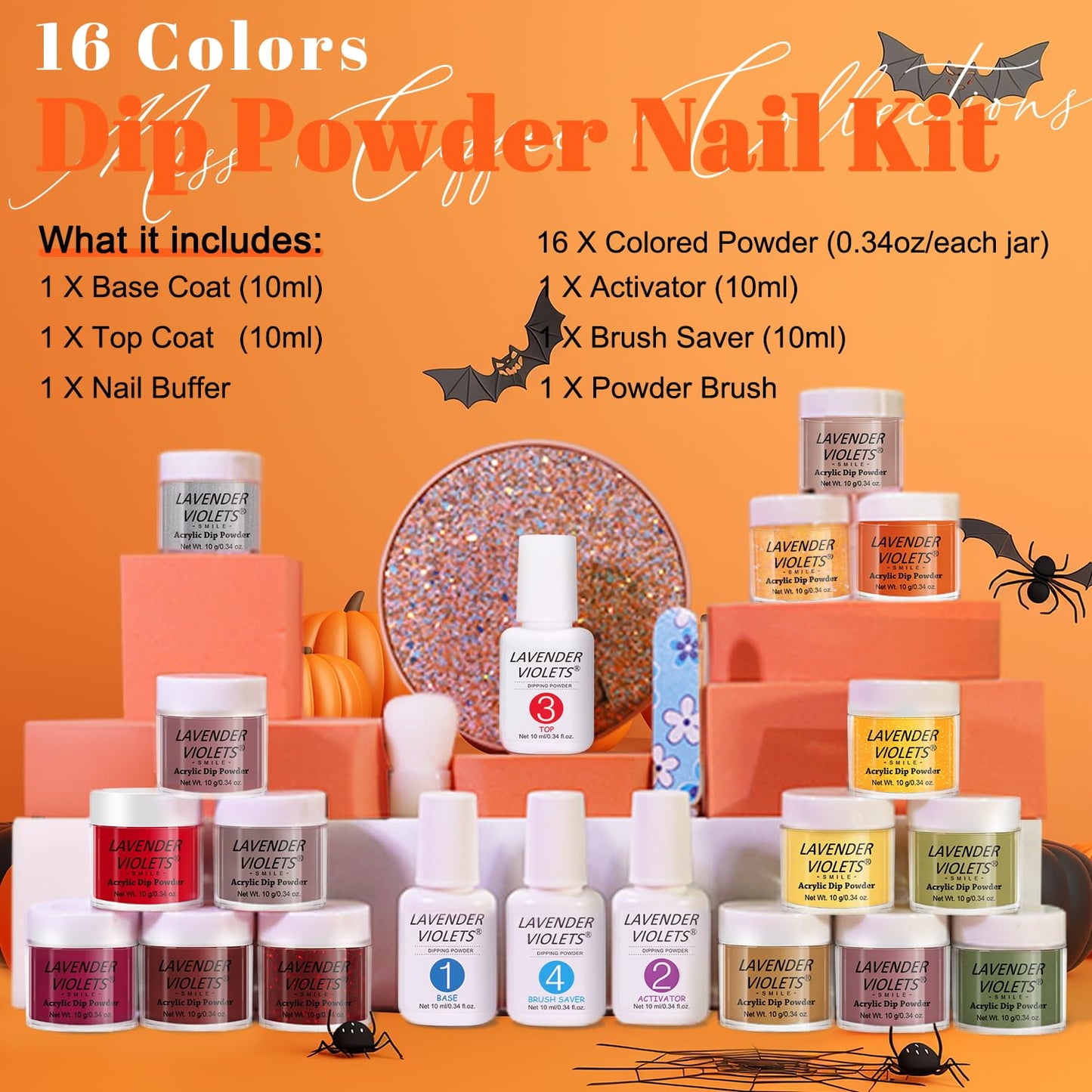 Lavender Violets 22pcs Halloween Dip Powder Nail Kit 16 Colors Red Brown Gold Green with Dip Powder Liquid Perfect Gift for Women Nail Art DIY M967