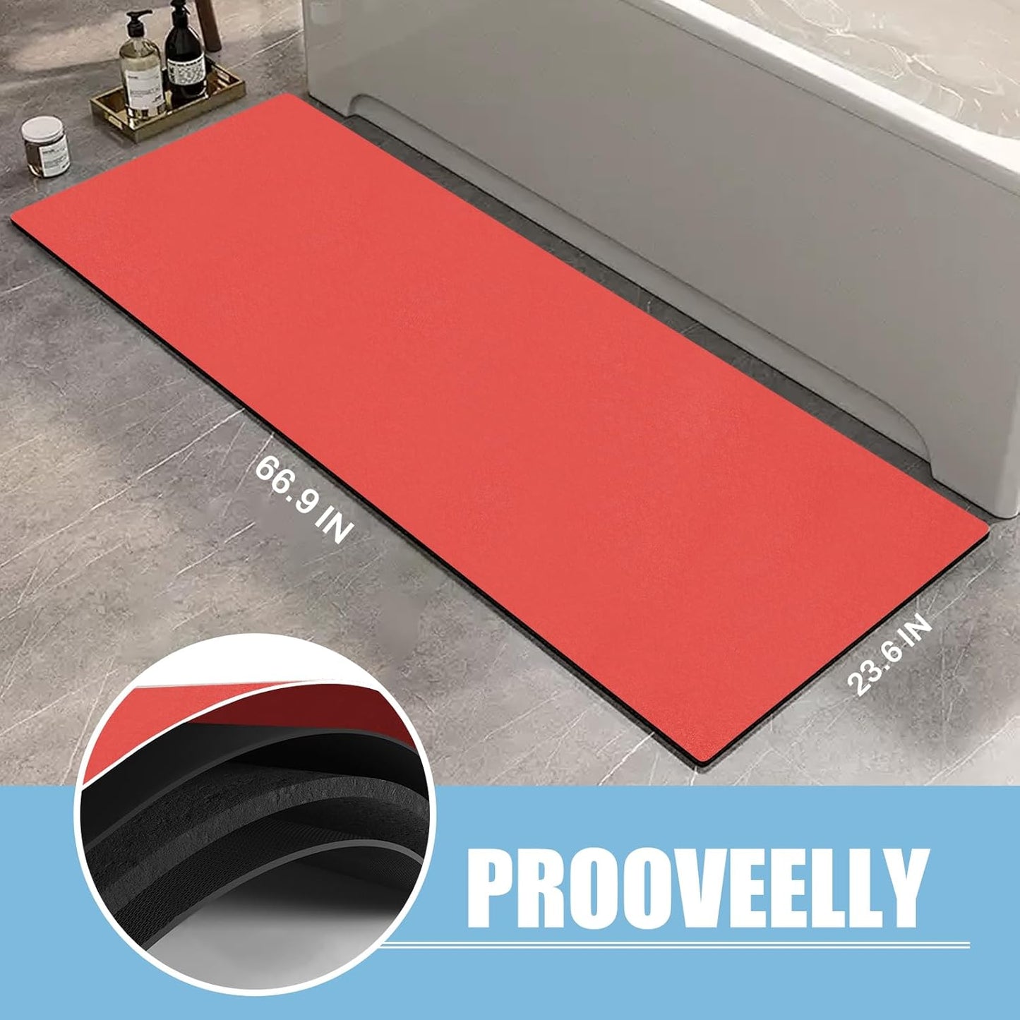 Diatomaceous Earth Bath mat Bathroom Rugs Super Absorbent Quick Dry Non Slip Bath Mat Thin Bathroom Floor Mats Fit Under Door-Shower Rug for in Front of Bathtub Shower, Red, 23.6"x66.9"
