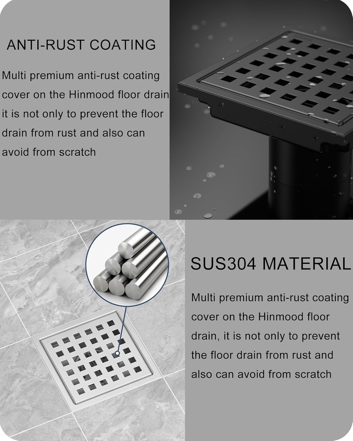 6 Inch/4 Inch Square Shower Drain SUS304 Stainless Steel Bathroom Floor Drain Strainer, Hair Catcher, Anti-Clog, Rust-Resistant, Fast Drainage (Brushed Nickel)