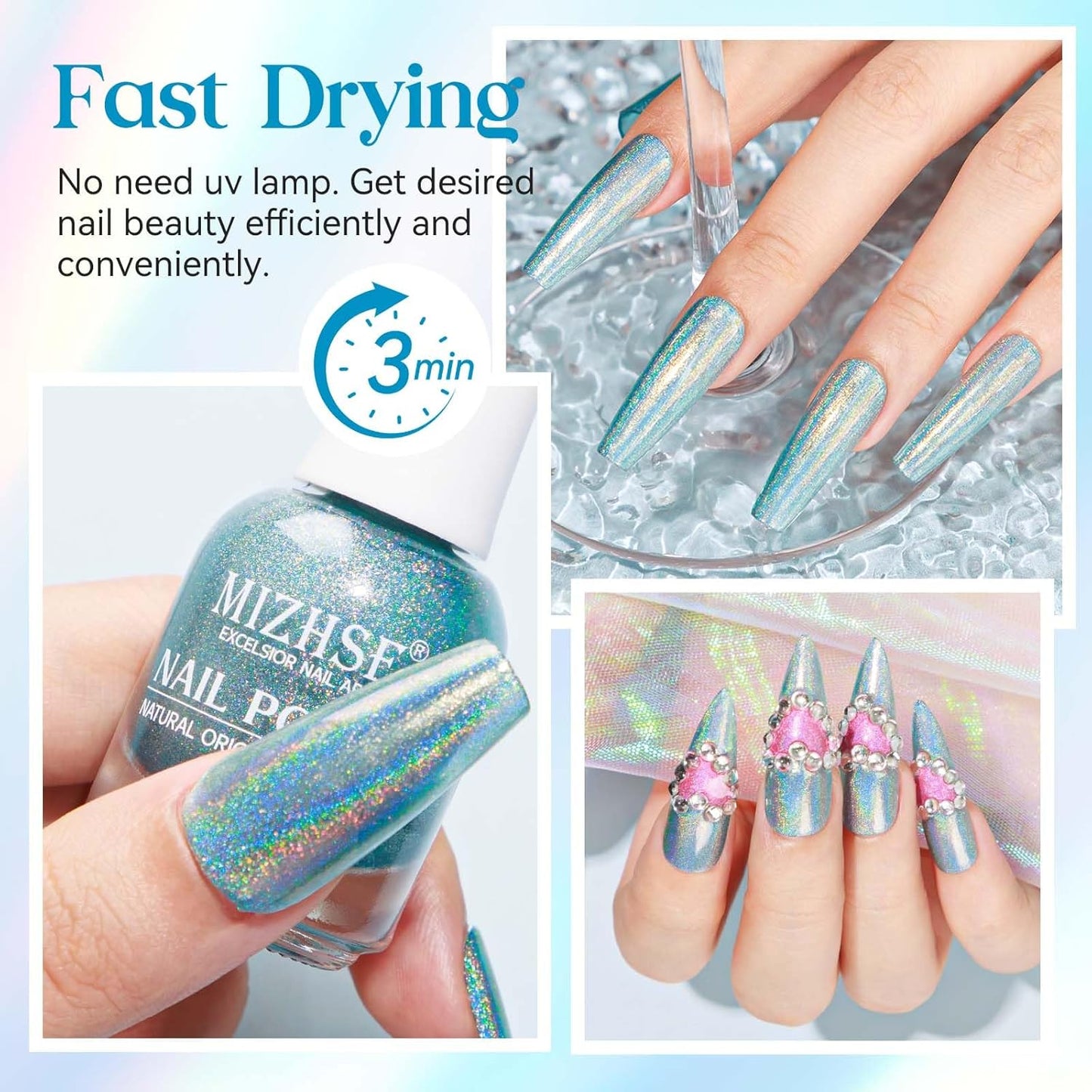 MIZHSE Holographic Nail Polish, Blue Glitter Nail Polish Air Dry Fast, 15ml/0.5 fl oz High Glossy Shiny Shimmery Nail PigmentLaser Oil-based Iridescent Chrome Halo Nail Art Salon Manicure at Home