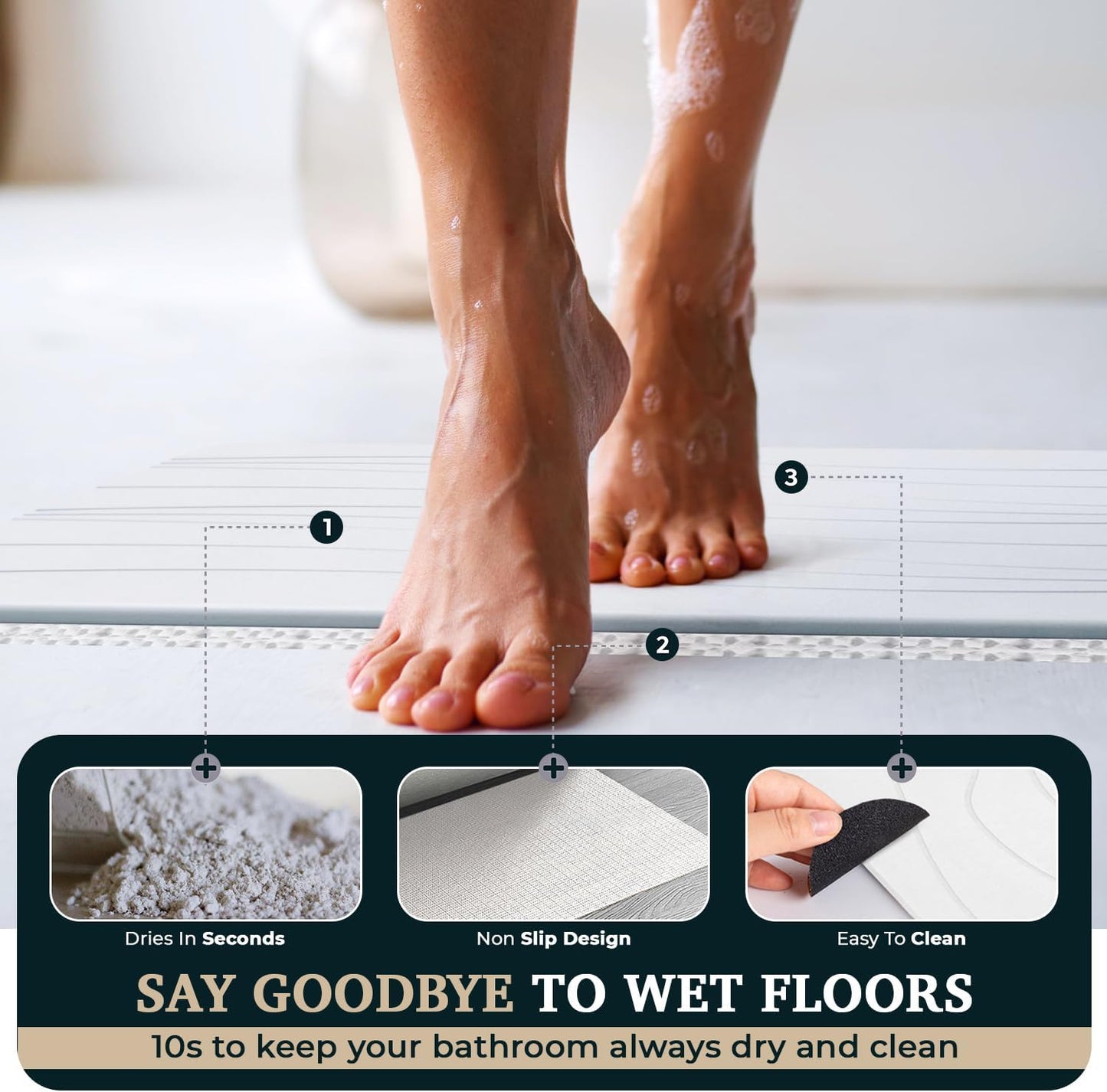 23" x 15" Diatomaceous Earth Shower Non Slip Stone Bath Mat | Quick Dry Super Absorbent Large Mats for Kitchen | Anti-Slip Fast Drying Water Absorbing Stone Bath Mats for Bathroom | Engr-Offwhite