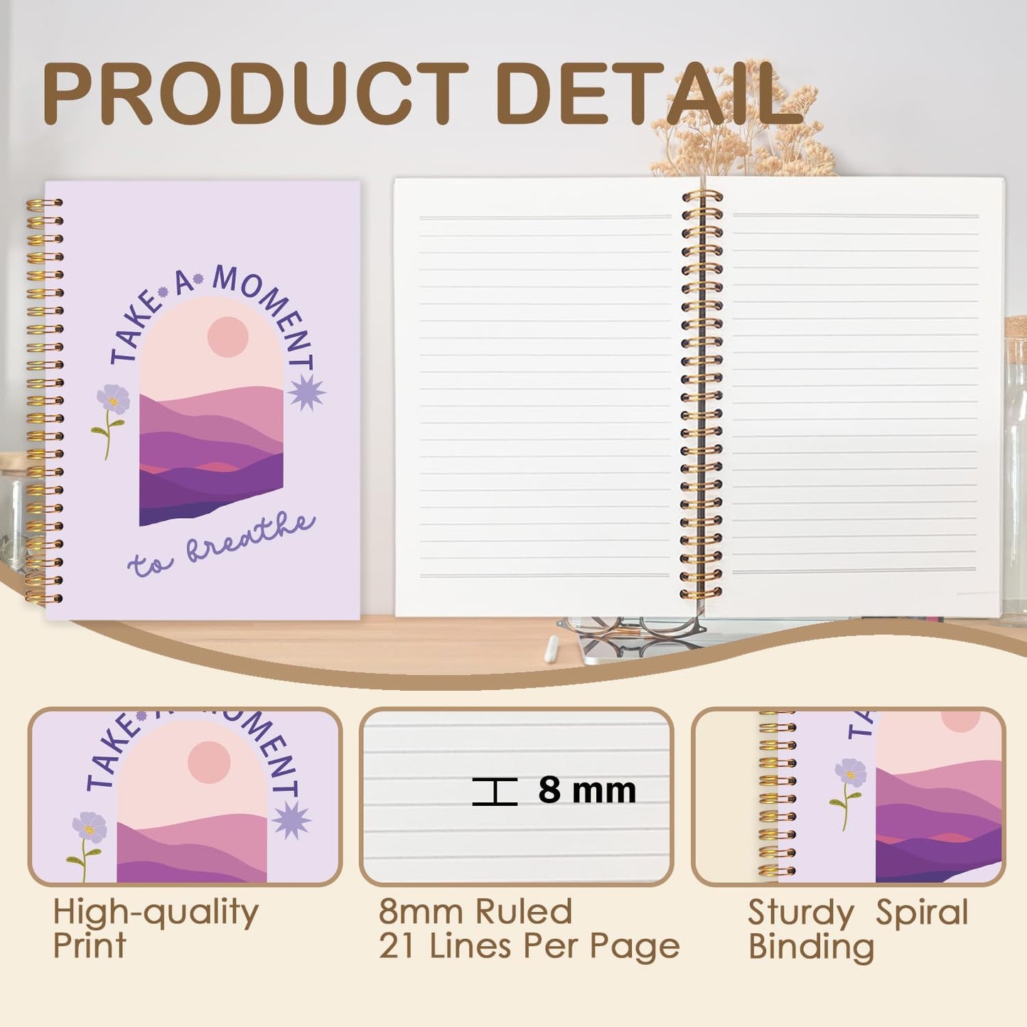 FDHSPAAM Purple Mental Health Spiral Journal Notebook 5.5x8.3in, Take A Moment to Breathe Inspirational Notebooks for Note Taking, Therapy Office Must Haves, Hardcover Notebook Journal