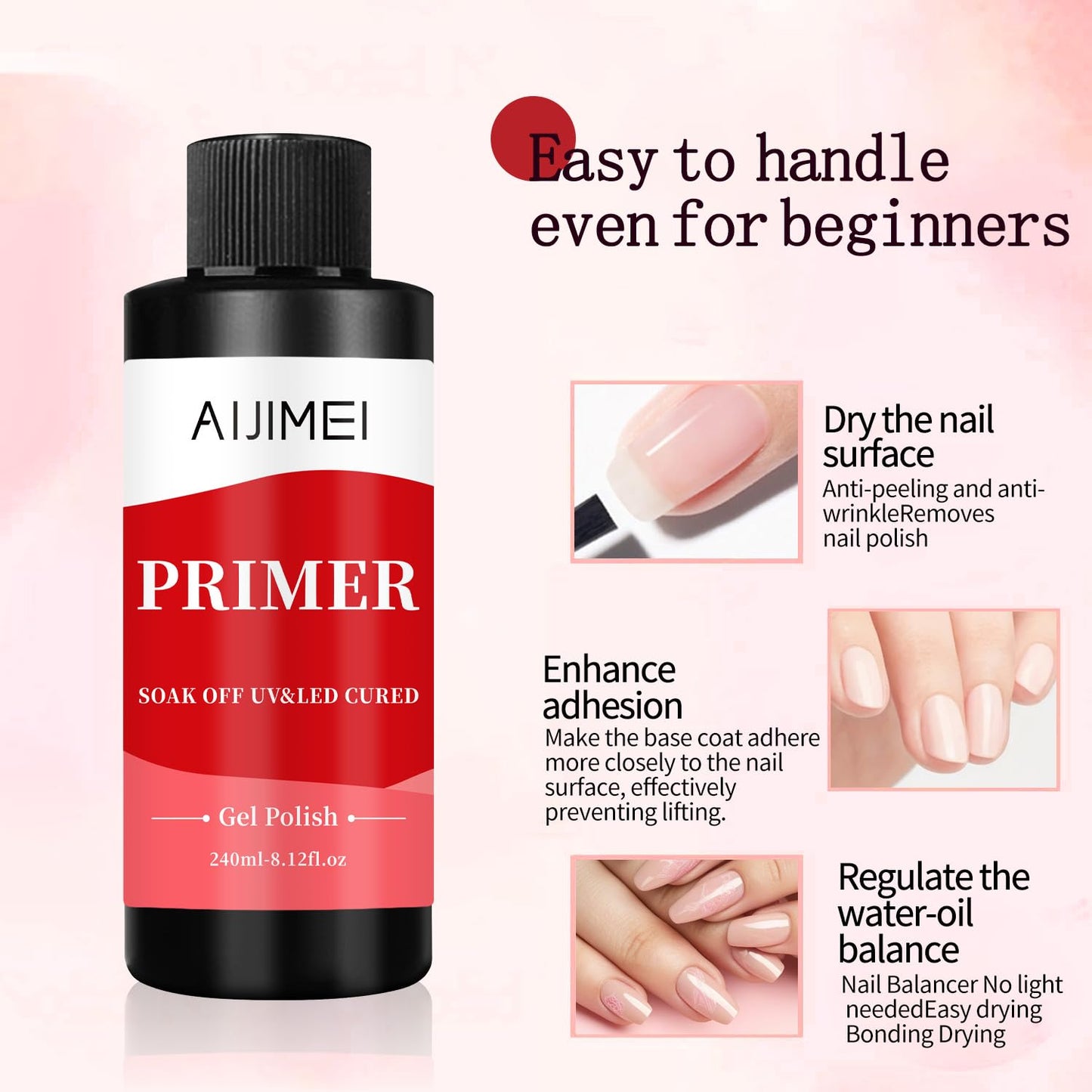 AIJIMEI 240ml Rapid-Dry Nail Primer, Nail Primer for Stronger Nails Enhances Adhesion & Shine Primer for Nail, Sensitive Skin Nail Care Compatible with All Polishes Nail Art 8 Fl Oz