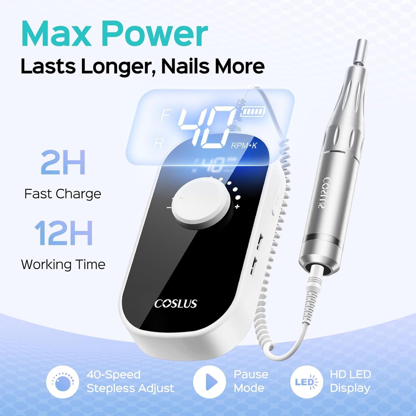 COSLUS Professional Rechargeable Electric Nail Drill 40000 RPM, Portable Nail File with Storage Stand for Acrylic Gel Polishing Removing - Easy to Use for Women, Manicure at Home DIY or Salon, White