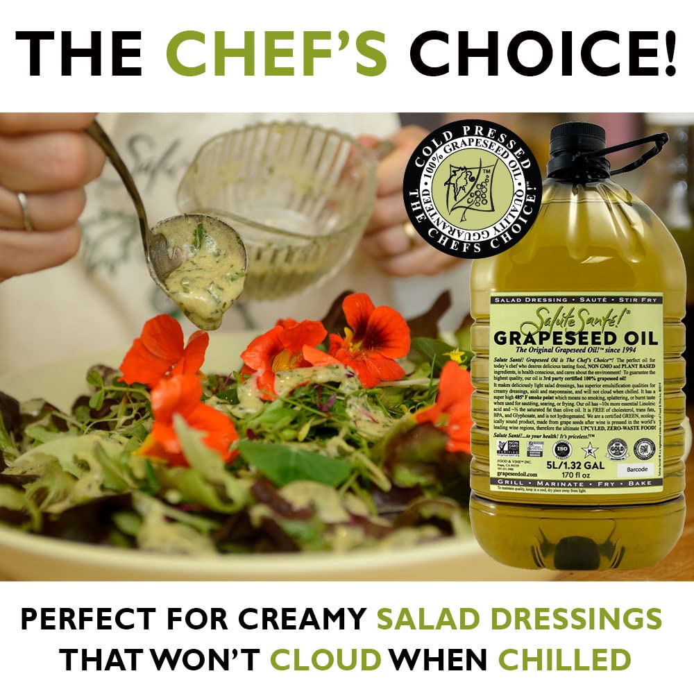 Cold Pressed Grapeseed Oil by Salute Sante! High Temperature Cooking, Healthy Grape Seed Oil, Non-GMO and Kosher for Salad Dressings, Marinades and Dips, Vegan, 5 Liter, 3 Pack