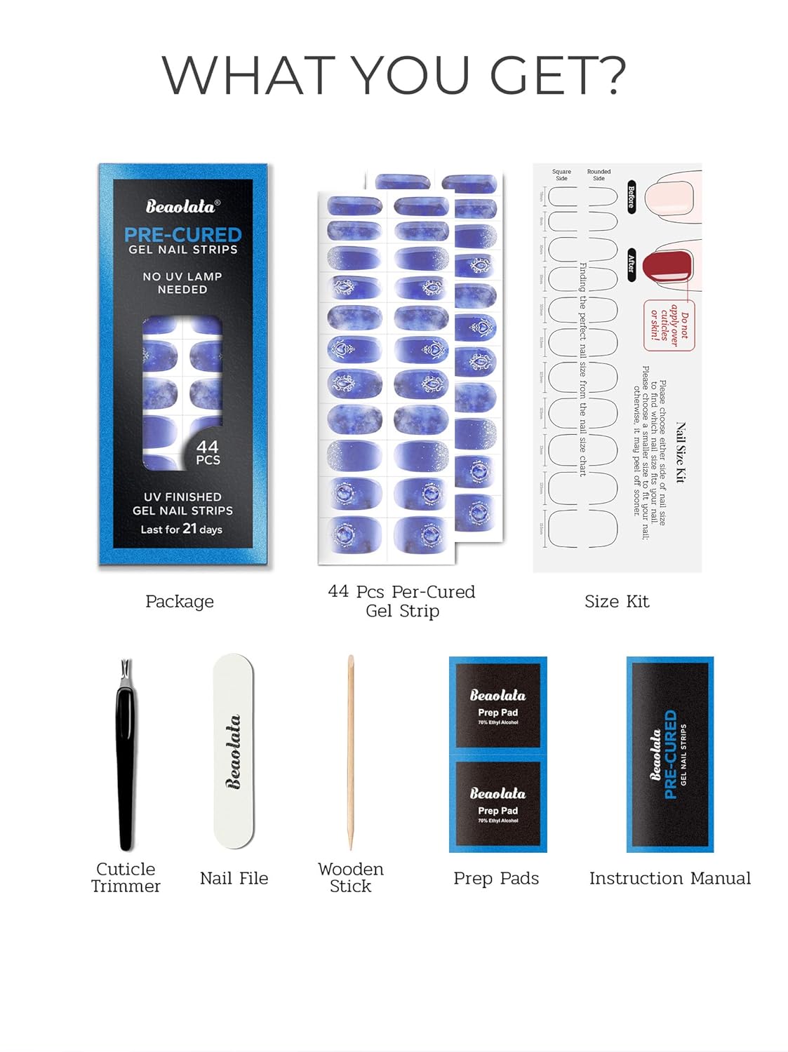 Pre Cured Gel Nail Strips - 44PCS Salon Quality Gel Nail Stickers - Long Lasting Polish Wraps for Women no UV Light Needed Easy Apply& Remove (Crystal Blue）