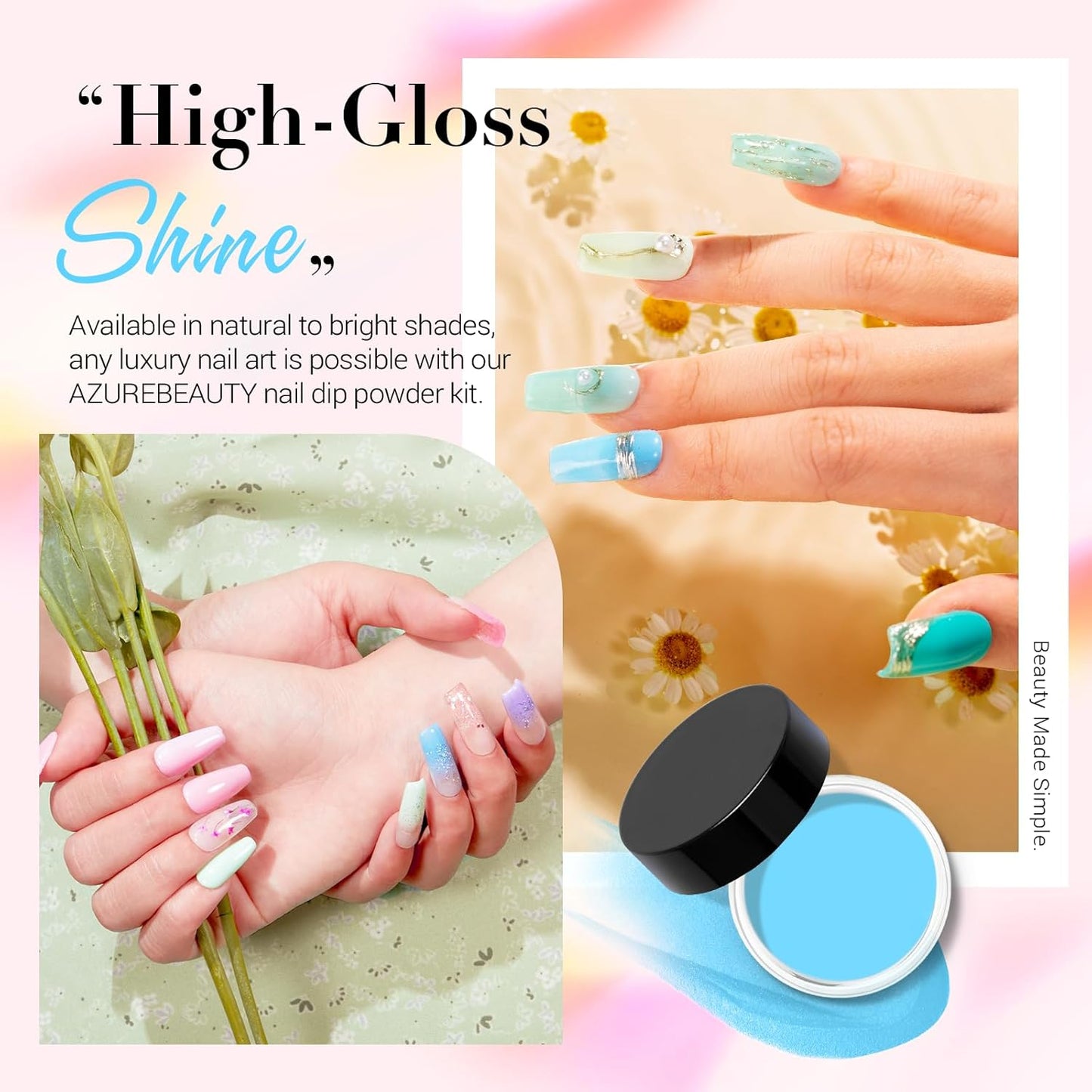 AZUREBEAUTY 42 Pcs Dip Nails Powder Starter Kit, 32 Hot Pink Blue Purple Color Changing Spring Dipping Powder Liquid Set with Base Coat/Top Coat/Activator for French Manicure Salon DIY.