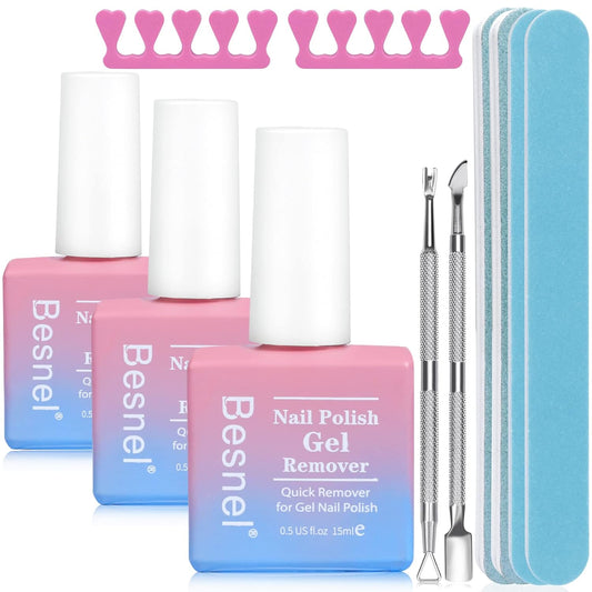 Gel Nail Polish Remover 3 Pack Professional Gel Polish Remover Non-Irritating Quick Easy,Gel Remover Tools Kit Nail File Cuticle Pusher Nail File Grit,No Need For Foil Soaking Or Wrapping