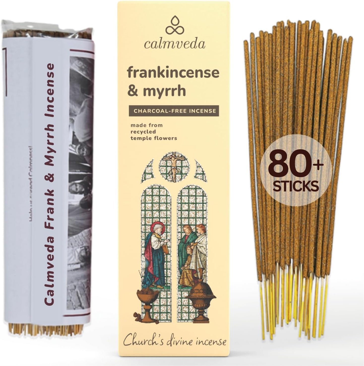 Church Frankincense and Myrrh Incense - (80 Sticks) Charcoal Free Incense, Made from upcycled Flowers | Used as Spiritual Healing Incense in Church (Handmade Olibanum Incense)