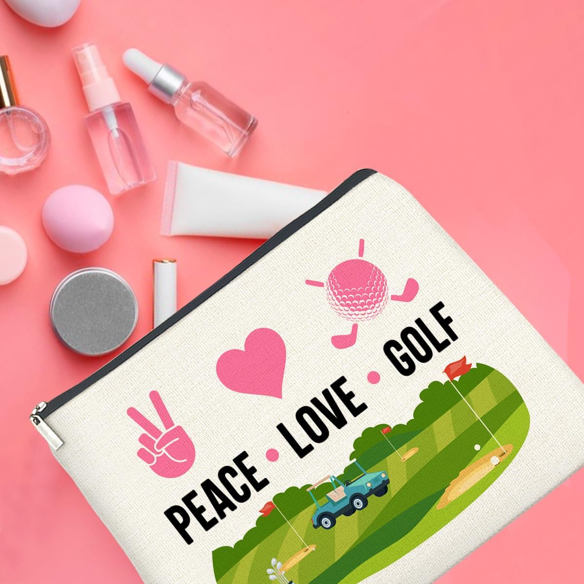 Golf Makeup Bag Gifts for Women Golfer Peace Love Golf Cosmetic Bag Zipper Pouch