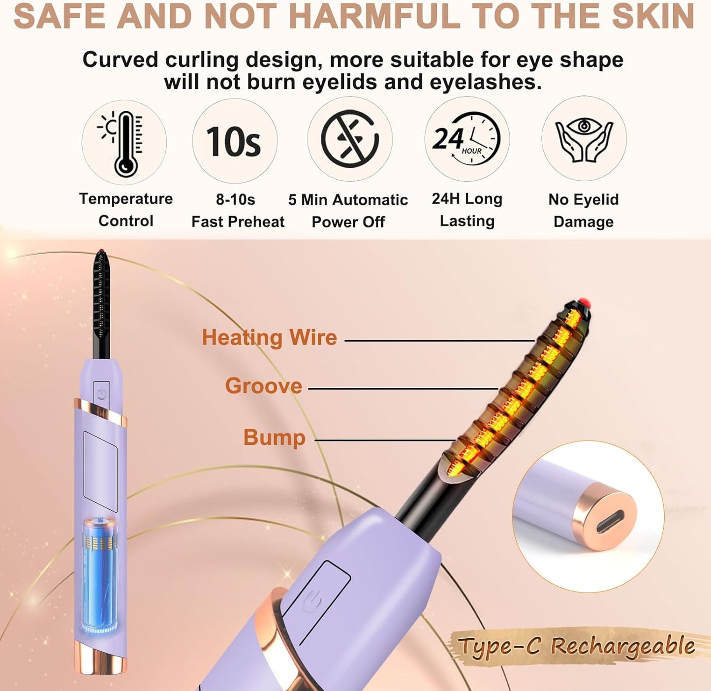 Heated Eyelash Curler, Electric Eyelash Curler, Rechargeable Lash Curler with Eyelash Comb for Makeup Natural Curling Eye Lashes and 24 Hours Long Lasting - Purple 2025 Updated New Model