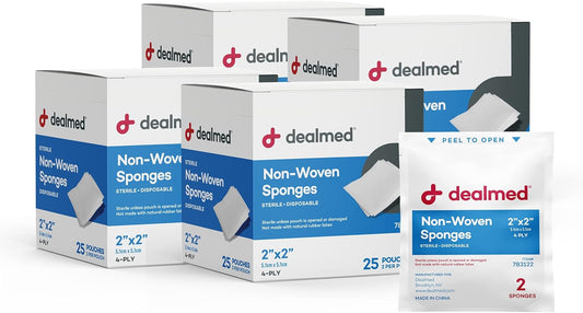 Dealmed Premium Non-Woven Sponges – 2" x 2" 4-Ply Non-Woven Gauze Pads, 25 Pouches, 2 Per Pouch (Pack of 4), Absorbent Gauze Sponges, Wound Care Product for First Aid Kits and Medical Facilities
