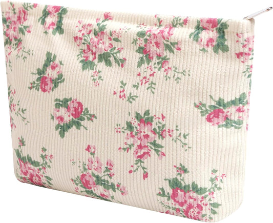 Cosmetic Bags for Women - Corduroy Cosmetic Bag Aesthetic Women Handbags Purses Smile Dots Makeup Organizer Storage Makeup Bag Girls Case Bags (Flowers-Pink)