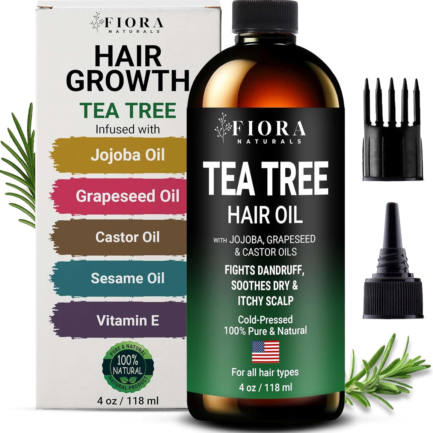 Fiora Naturals Tea Tree Oil for Hair and Scalp - with Jojoba, Grape Seed & Castor Oils - Helps hair growth, Soothes Itchy Scalp & Fights Dandruff - Moisturizes and adds shine - 4 fl oz