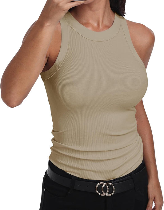 GEMBERA Womens Sleeveless Racerback High Neck Casual Basic Cotton Ribbed Fitted Tank Top