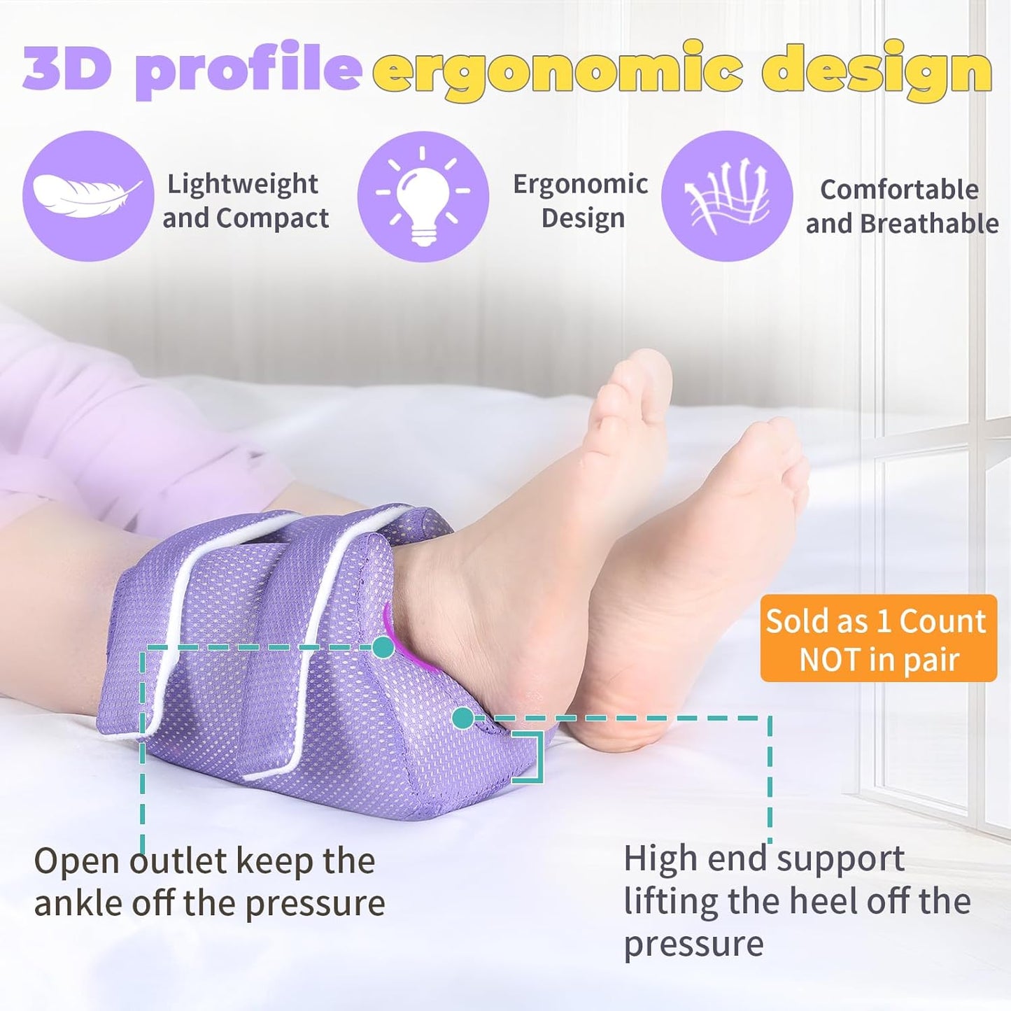 3D Heel Protectors Bed Sore Pillow Cushion for Pressure Sores,Foot Pillows Support Boot for Bedridden Patients Supplies（Purple Pack of 1）