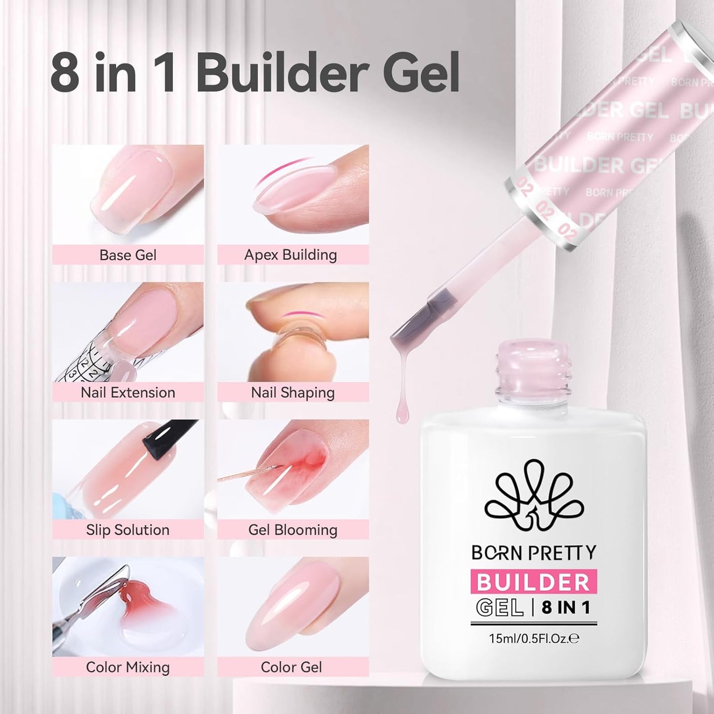 BORN PRETTY Builder Gel for Nails, 8-in-1 Extension Gel Strengthener Gel Hard Builder Nail Gel Base Top Gel, Sheer Pink Gel Builder Rhinestone Nail Glue Gel in A Bottle Nails 15ML
