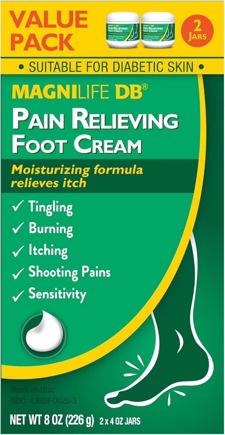 MagniLife DB Pain Relieving Foot Cream, Calming Relief for Burning, Tingling, Shooting & Stabbing Foot Pain, Moisturizing Foot Cream Suitable for Diabetic and Sensitive Skin - 2 Packs of 4 oz Jars