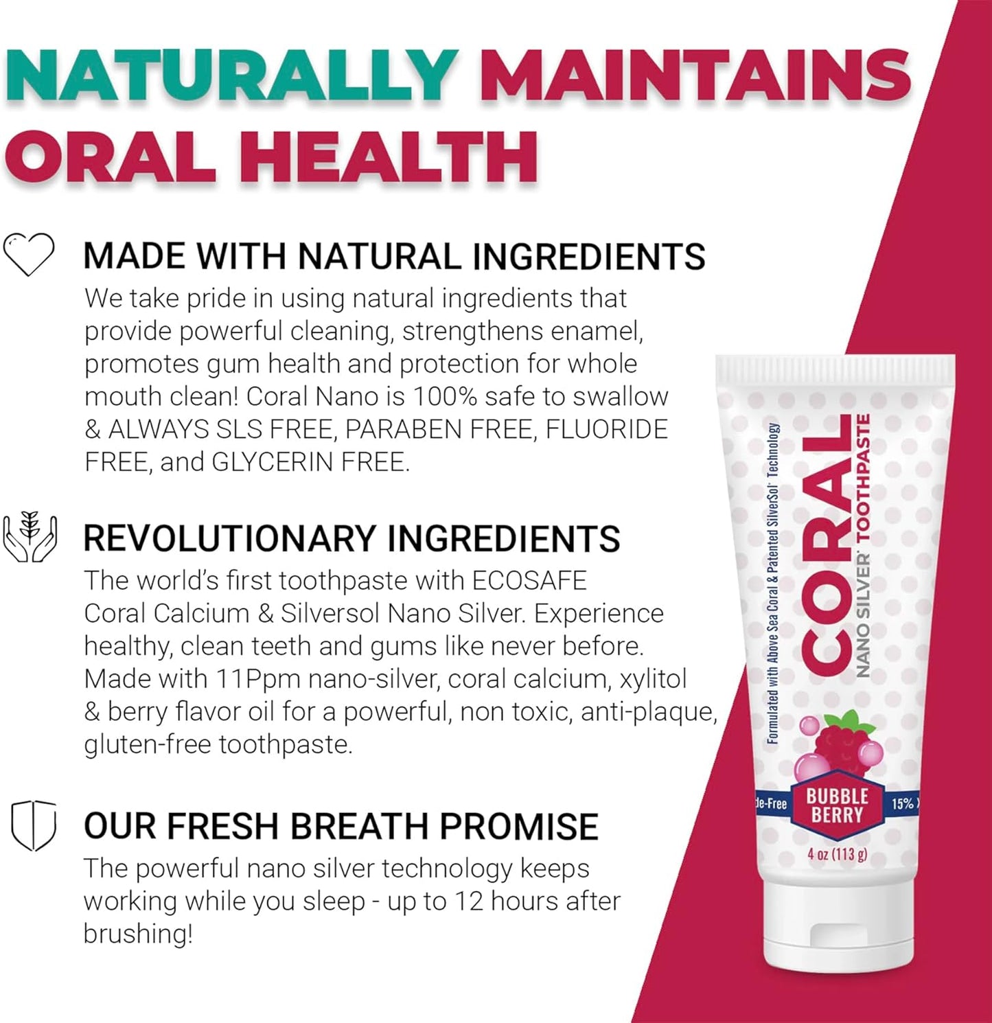 Coral Nano Silver Bubble Berry Kids Toothpaste, Natural Fluoride Free Teeth Whitening Toothpaste, Coral Calcium Nano Silver Infused SLS Free - 4 Ounces (2 Pack)