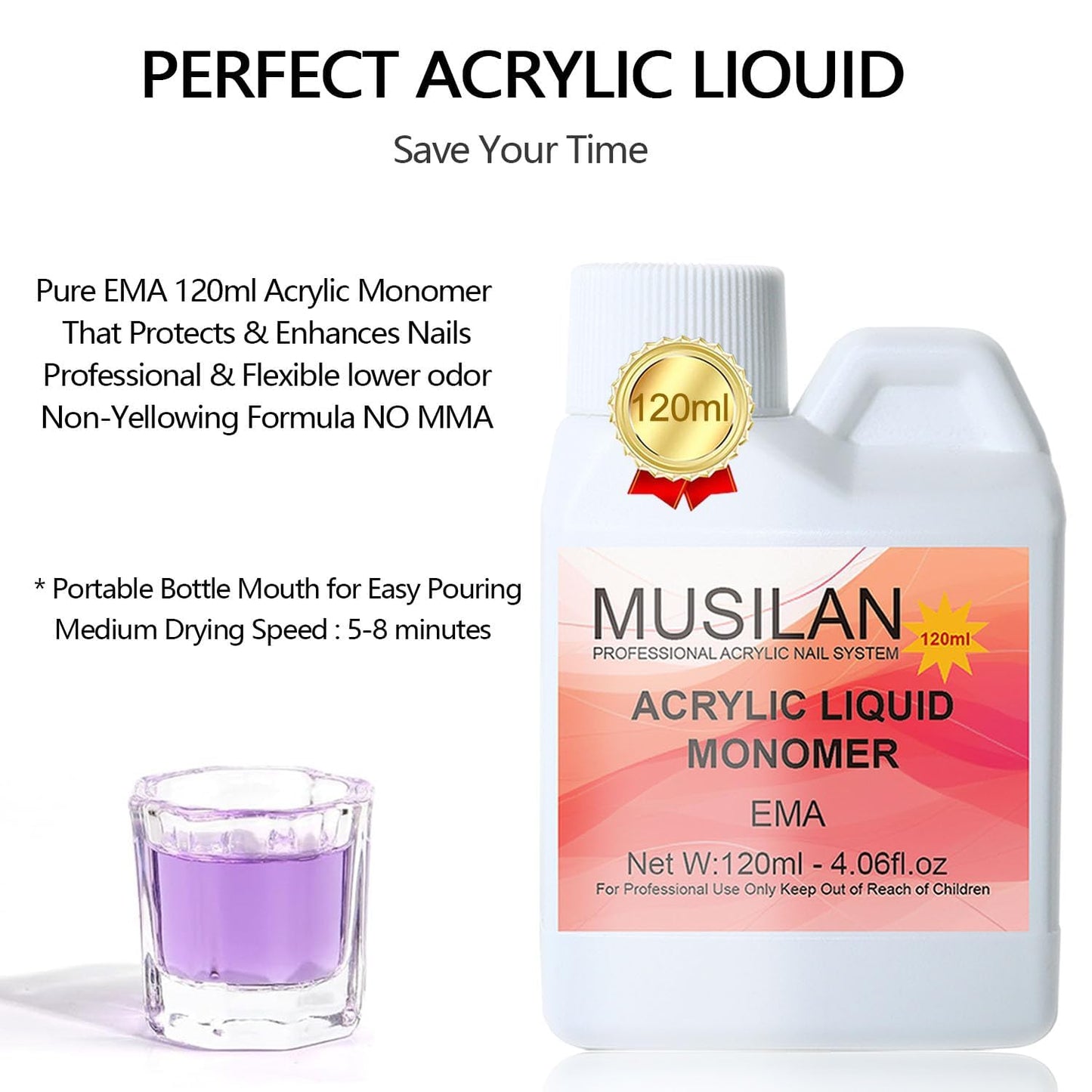 Monomer Acrylic Nail Liquid 4oz for Acrylic Powder - Professional Acrylic Liquid Monomer for Acrylic Nails Extension with 5pcs Acrylic Nail Brush Dappen Dish for Beginners DIY at home Non-Yellowing