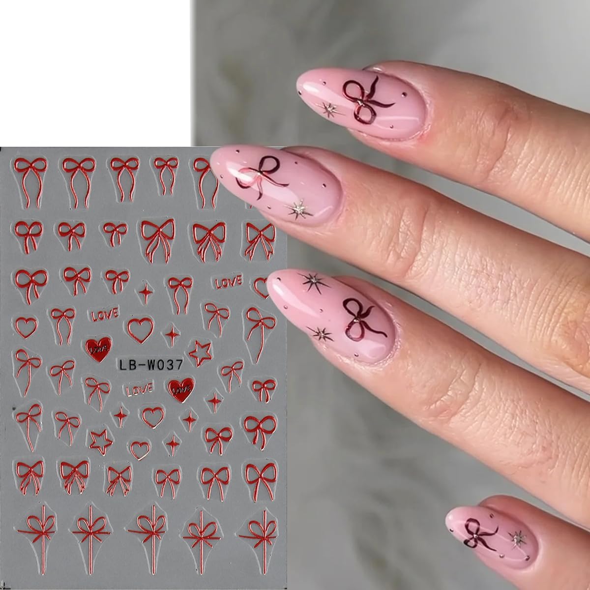 5D Embossed Bow Nail Stickers, 5 Sheets Self-Adhesive Pink White Ribbons Nail Decals, Valentines' Day Nail Art, Heart Nail Charms, Cute Cartoon Pop Art Stickers, Pegatinas para Uñas