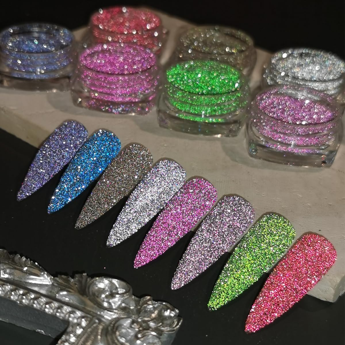 Reflective Glitter Powder Set, 8 Colors Sparkle Diamond Nail Glitter Dust, Silver Pink Purple Green Loose Glitter for Nails, Shiny Sugar Nail Powder Dipping Pigment, Nail Supplies