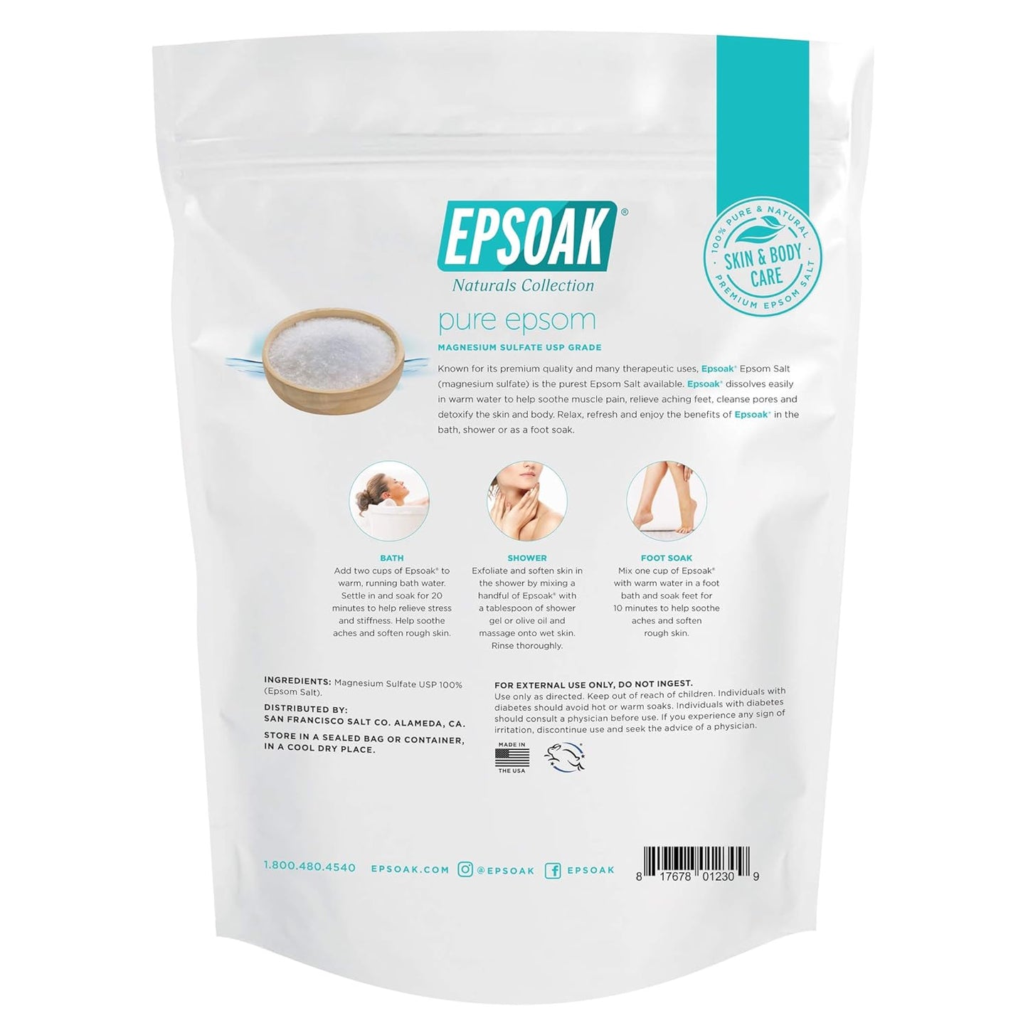 Epsoak Epsom Salt 5 lb Resealable Bulk Bag, Magnesium Sulfate USP. Unscented, Made in The USA, Cruelty-Free Certified