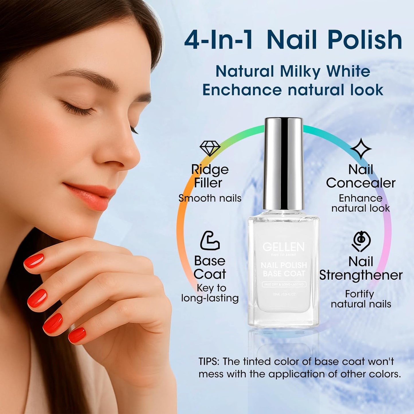 GELLEN Clear Nail Polish Base Coat Sheer Tinted Milky White, Natural Color Regular Nail Polish, Calcium Formula Strengthens Nails, Enhances Nails Natural Look, Quick Air Dry, Hema Free, Non-toxic
