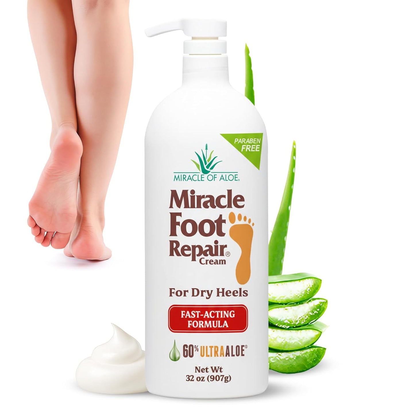 Miracle Foot Repair Cream (32 oz) Repairs Dry Cracked Heels and Feet, 60% Pure UltraAloe Moisturizes, Softens, and Repairs