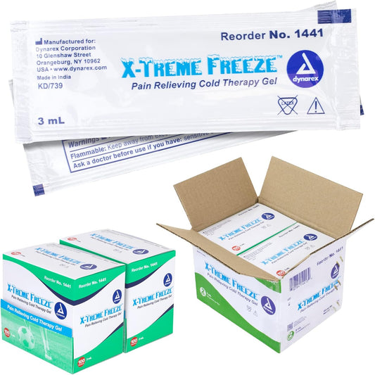 Dynarex X-Treme Freeze Relieving Cold Therapy Gel, Apply Directly to Skin, Green, Individual 3-ml Packet, 2 Boxes of 100 X-Treme Freeze Relieving Cold Therapy Gel 3-ml Packets