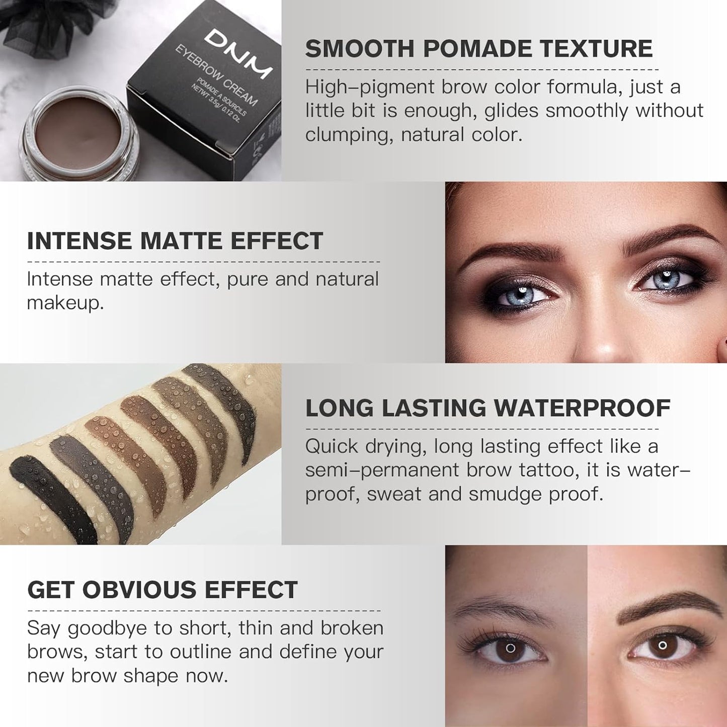 Eyebrow Pomade Kit with Dual-ended Eyebrow Brush, Water and Stain Resistant High Pigment Pomade, Corrects Brow Imperfections for Natural Long-lasting Brow Makeup (01# Ebony)