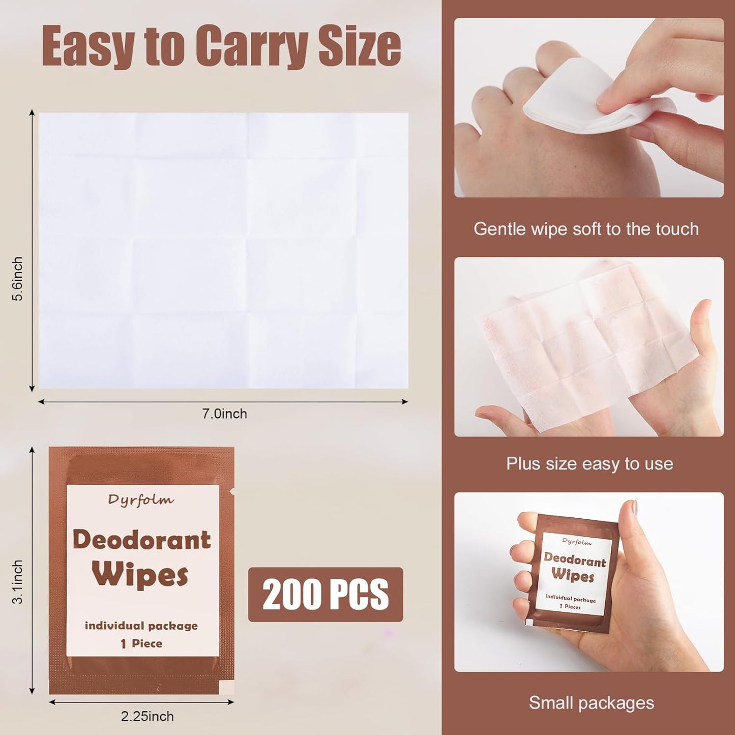 200 Pcs Underarm Deodorant Wipes, Individually Wrapped Antiperspirant, Sweat Body Wipes for Women Men Adults Sports Travel Essentials (Brown, 1 Count (Pack of 1))