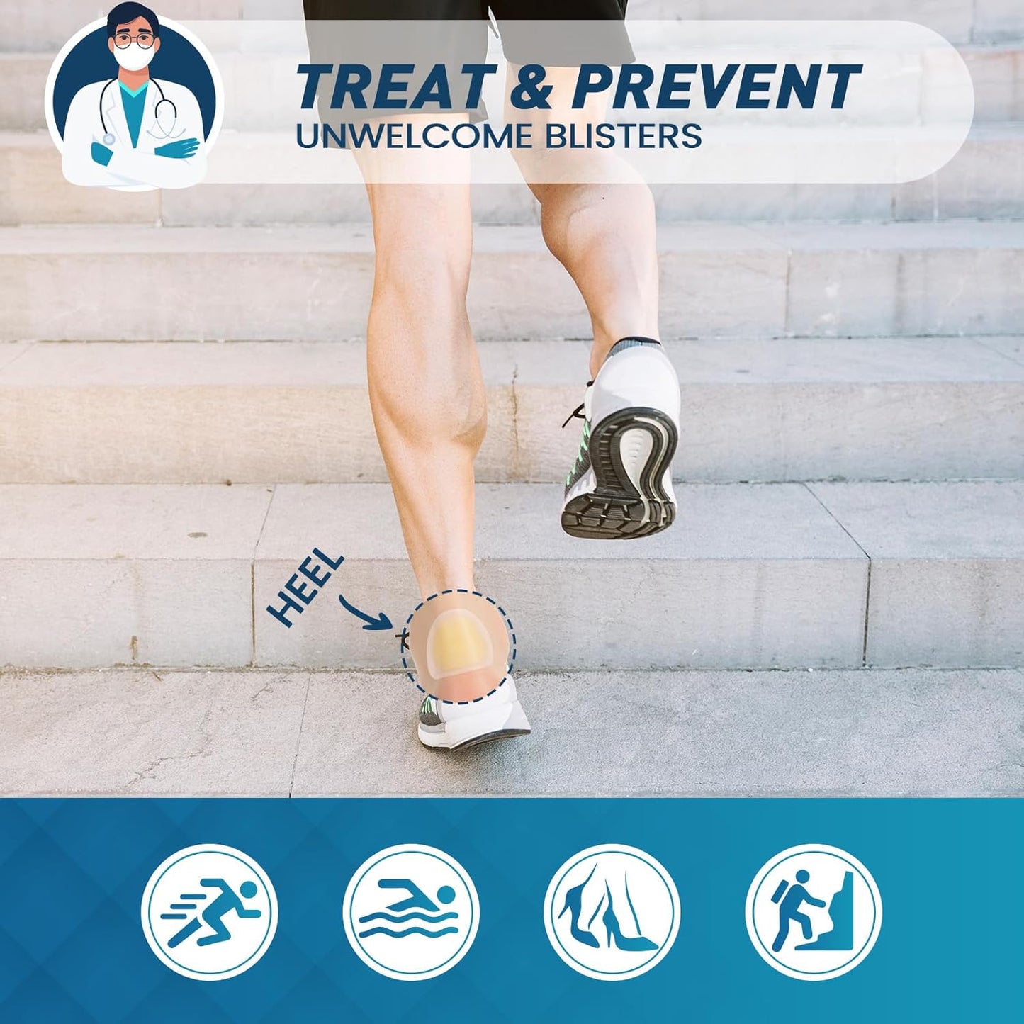 Hydrocolloid Blister Bandages for Feet - 30ct Gel Blister Bandages - Blister Cushions for Heel, Toe - Blister Prevention for Travel - Water Resistant Bandages Pads (Heel Pack)