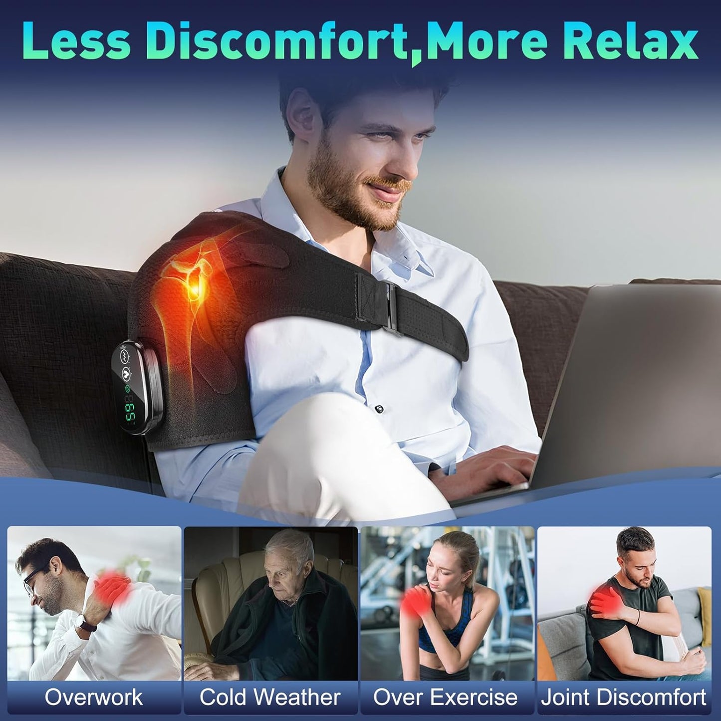 Cordless Heated Shoulder Wrap Massager, Rechargeable Electric Heating Pad for Shoulder Neck with 3 Heat & Vibration Modes, Men & Women (Black)