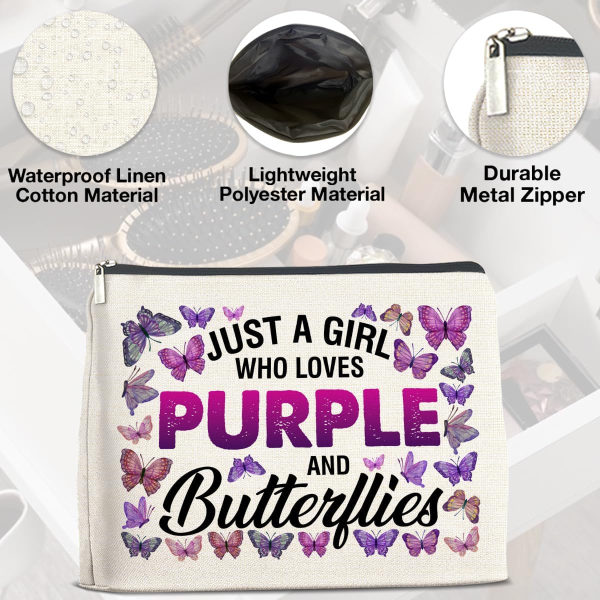 Just a Girl Who Loves Purple and Butterflies Makeup Bag Gifts for Women Purple Butterfly Cosmetic Bag Zipper Pouch Travel